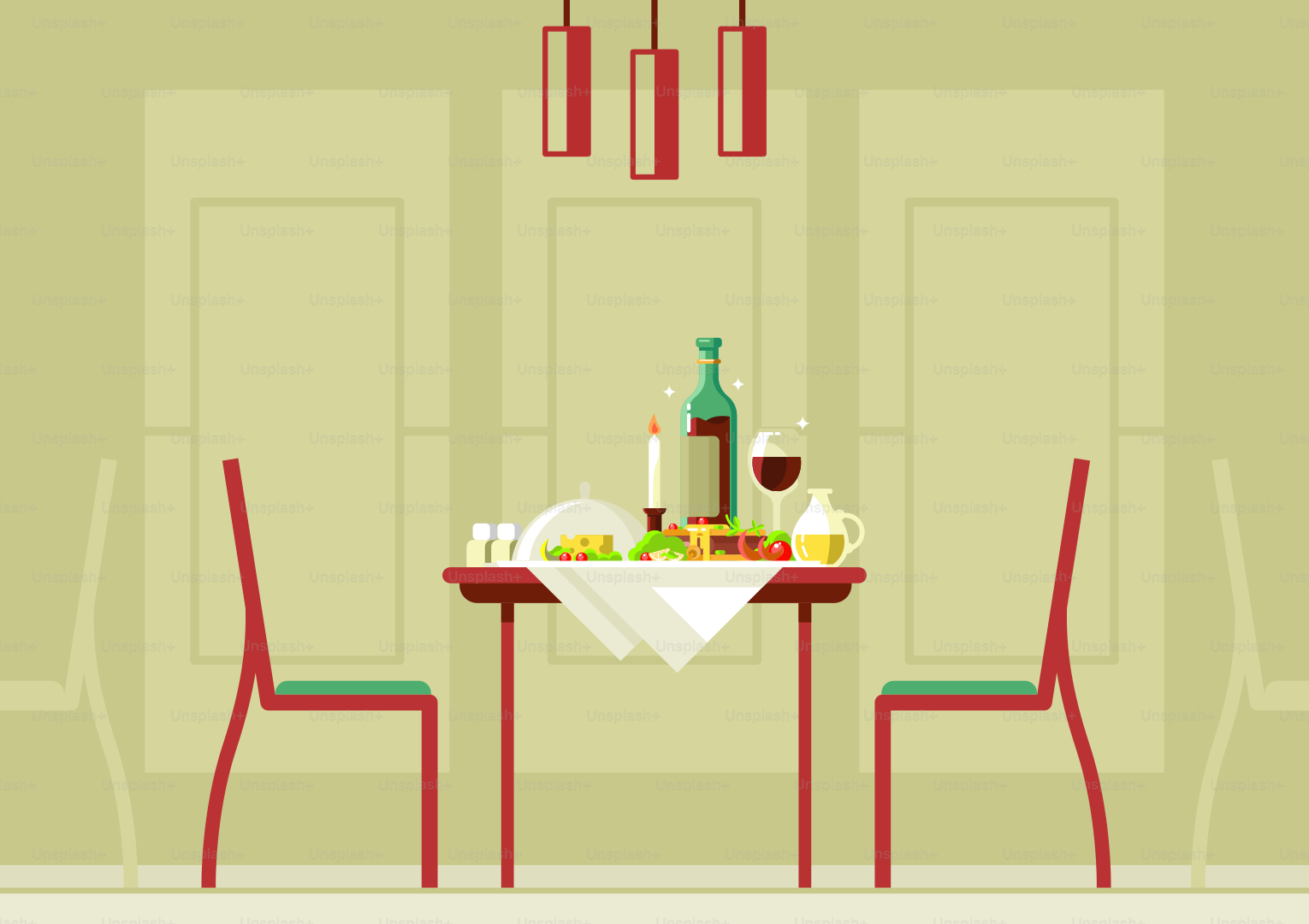 Ein Esszimmer mit Tisch und Stühlen und einer Flasche Wein