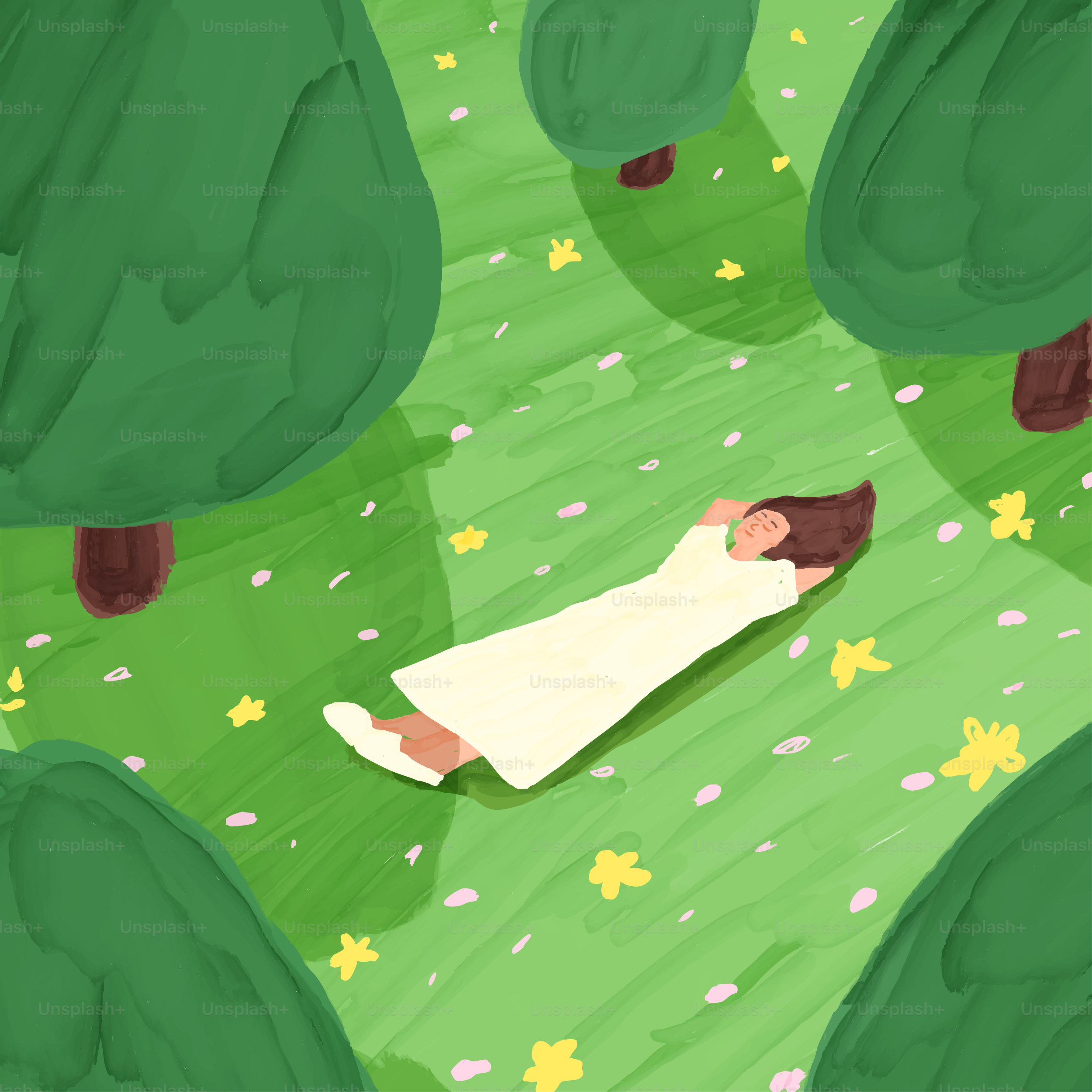 Eine Zeichnung einer Person, die im Gras liegt