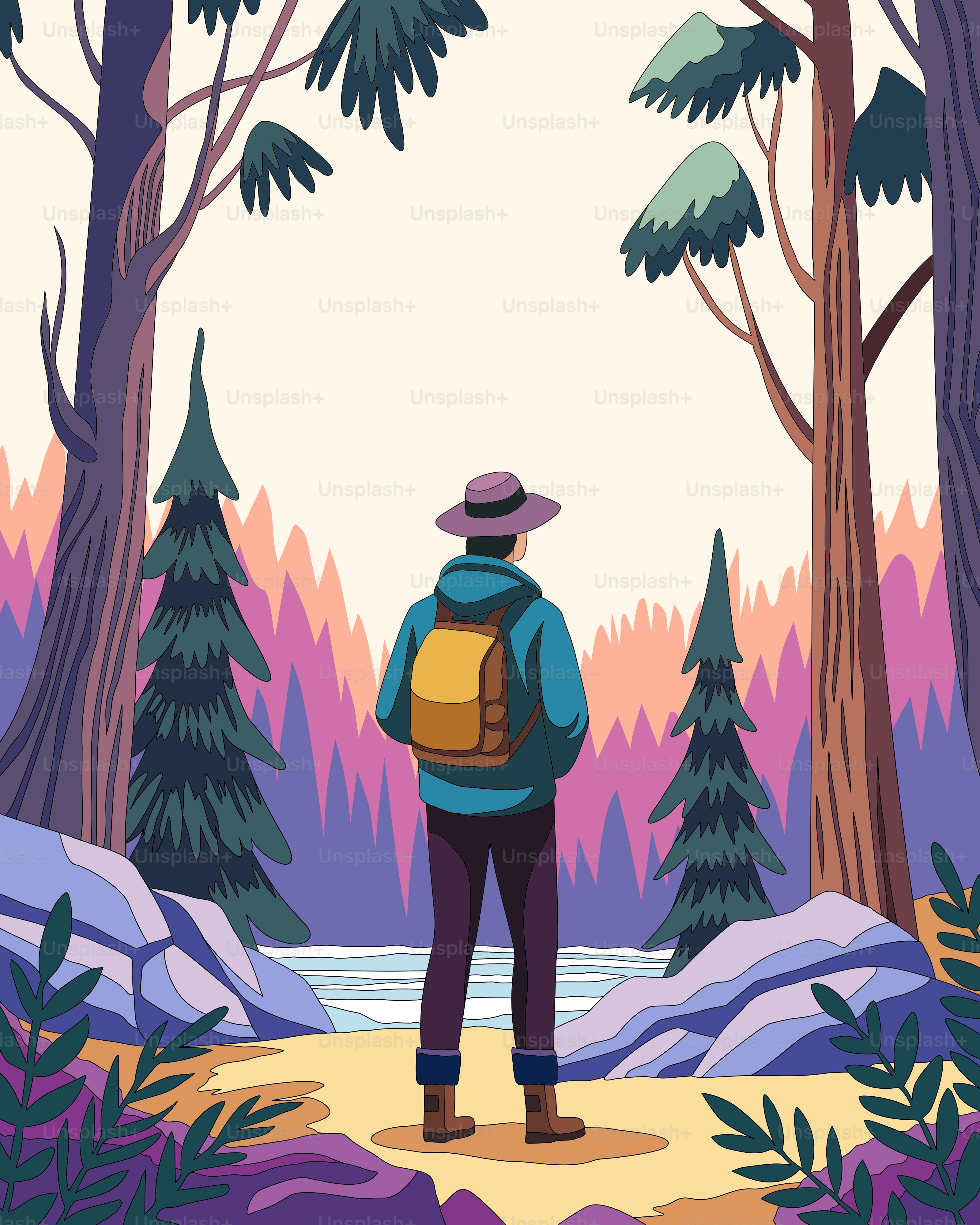 A person with a backpack standing in a forest