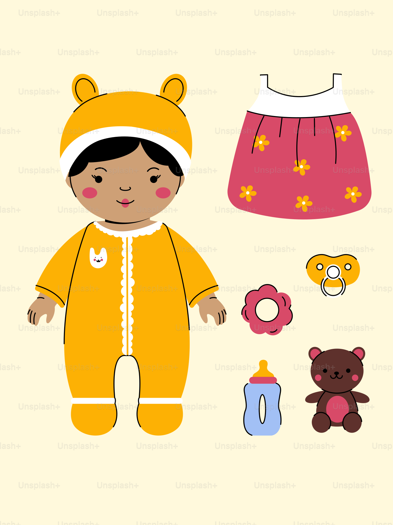 A picture of a baby doll and its accessories