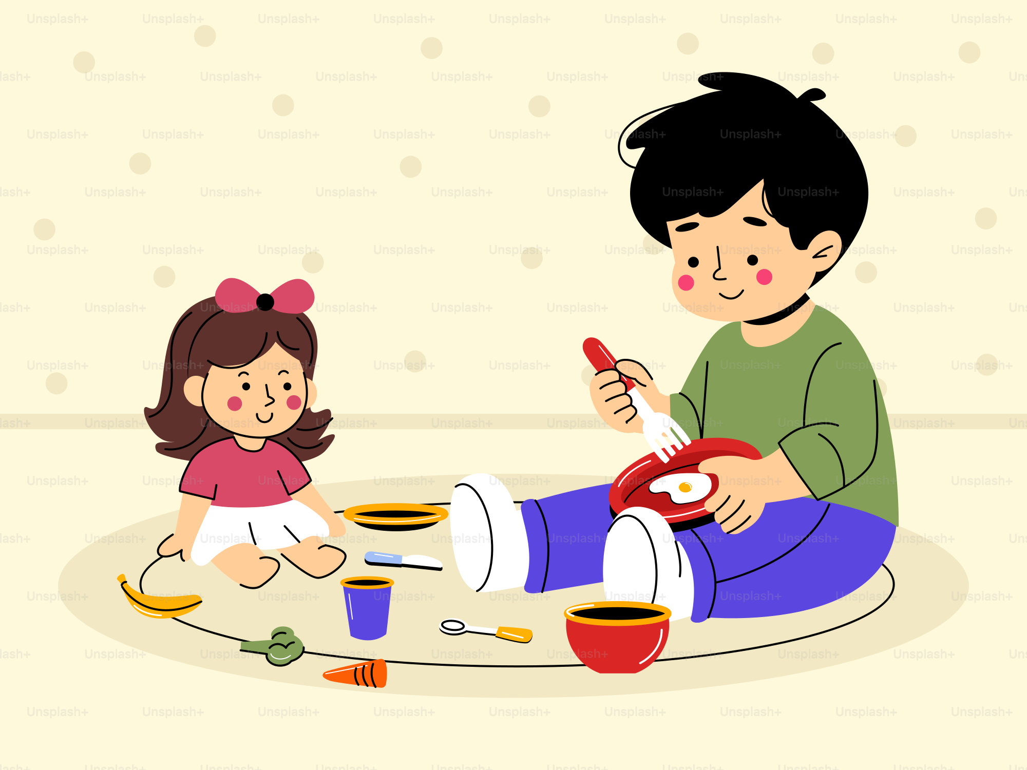 A boy and a girl sitting on the floor playing with toys