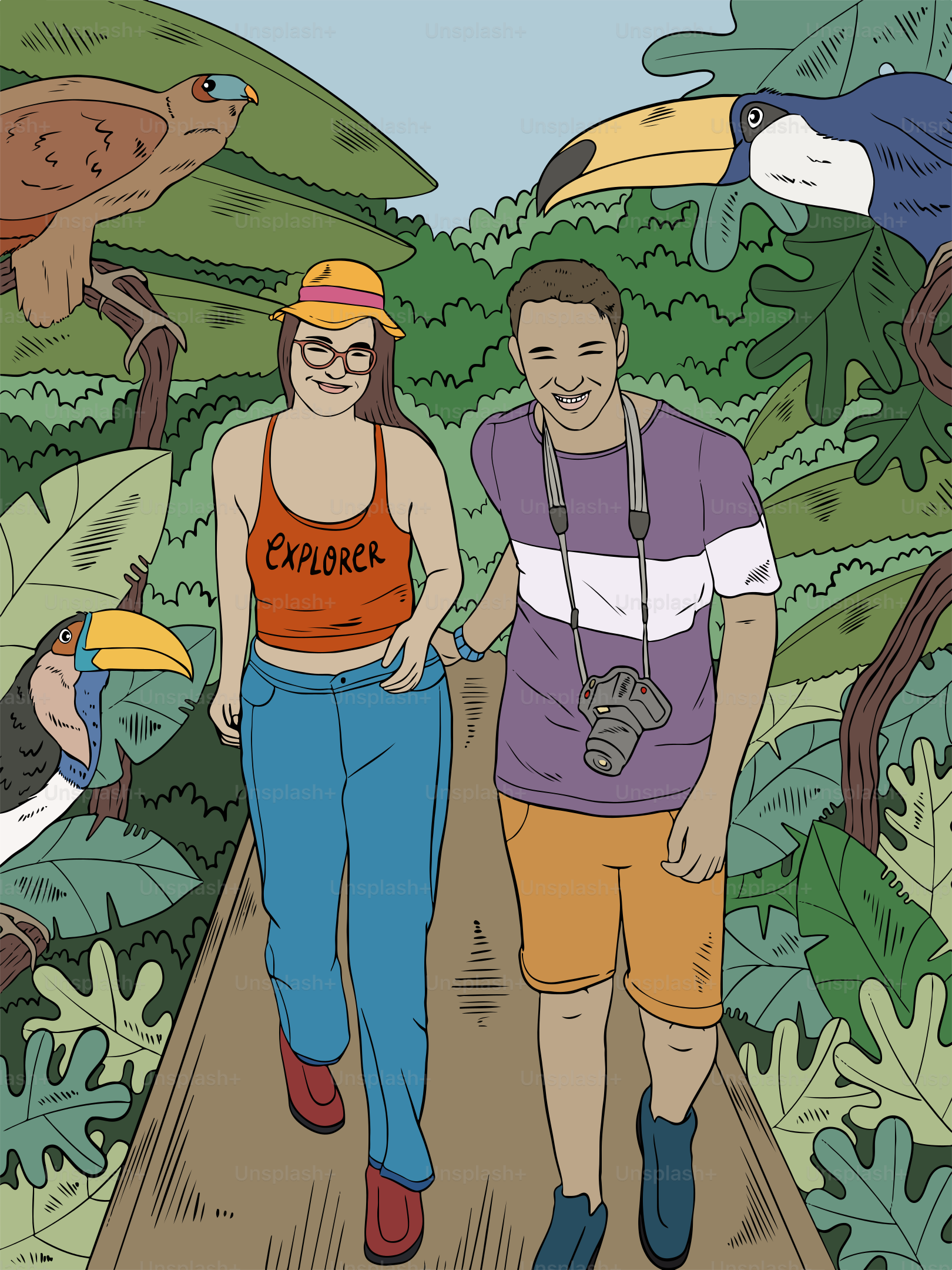 Un hombre y una mujer caminando por una selva