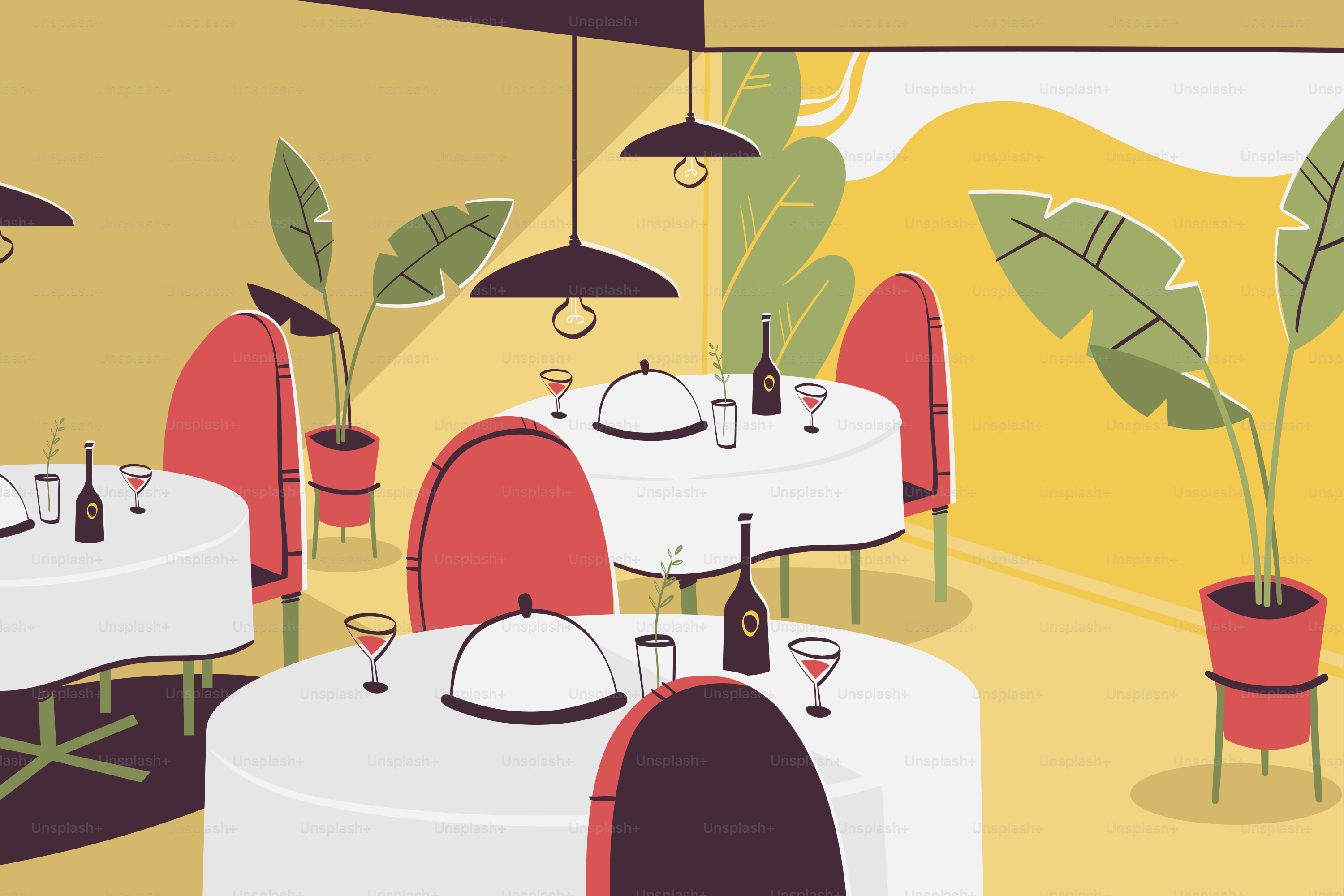 A restaurant with tables, chairs, and umbrellas