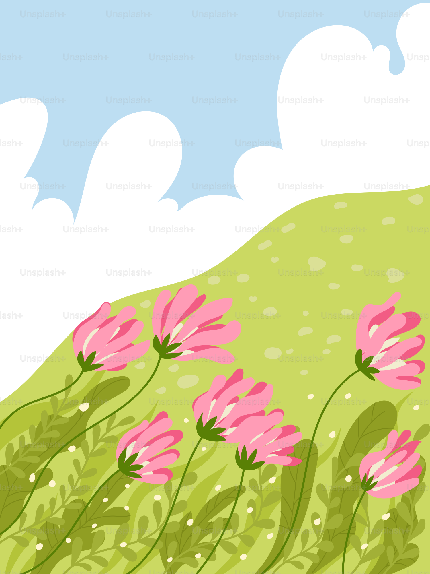 Un dipinto di fiori rosa su una collina verde
