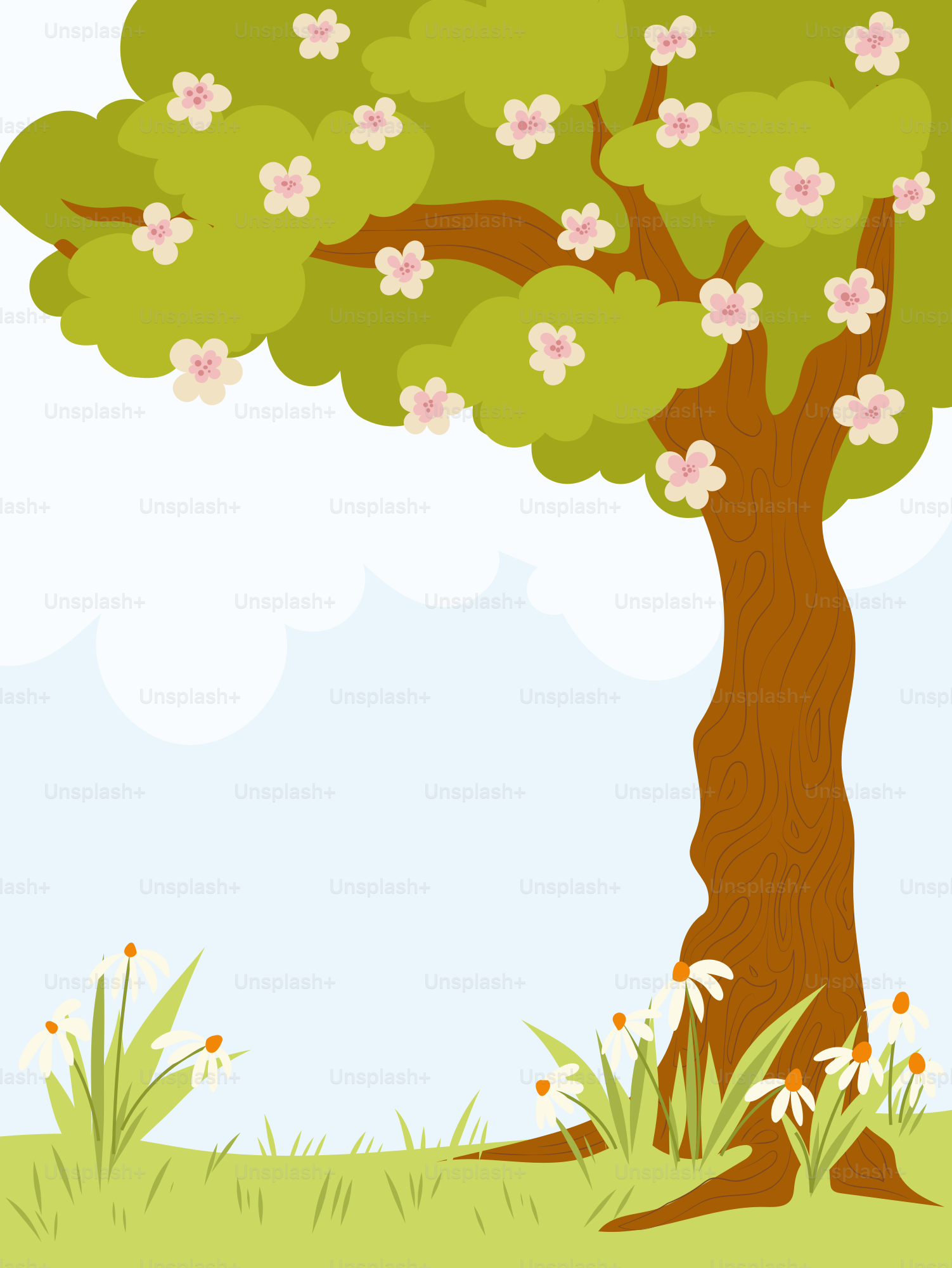 Um desenho animado de uma árvore com flores cor-de-rosa