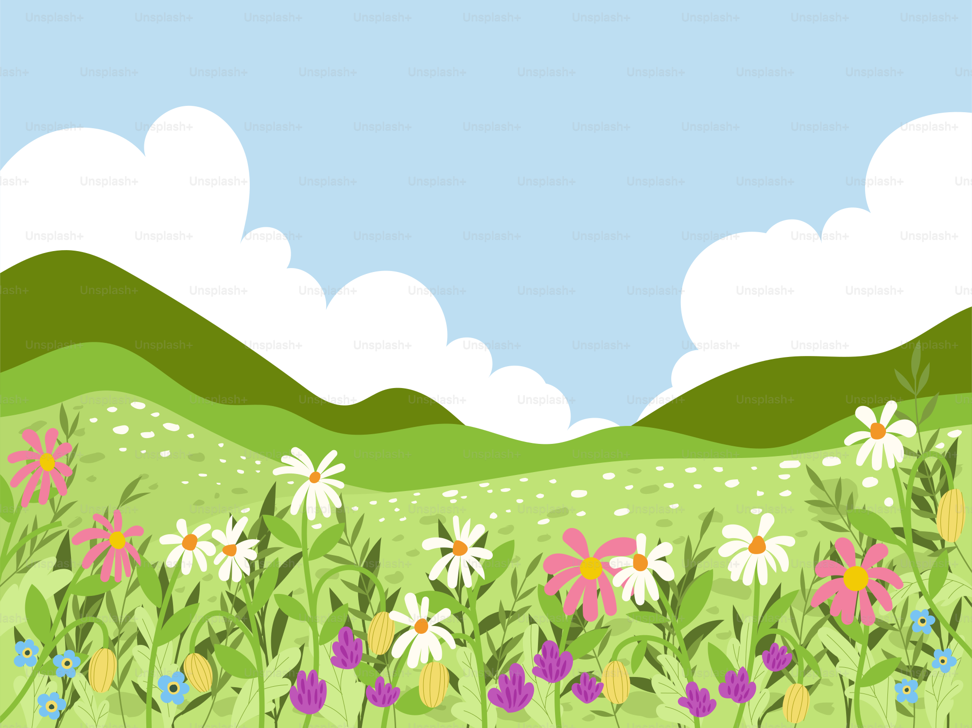 A field of flowers with a blue sky in the background