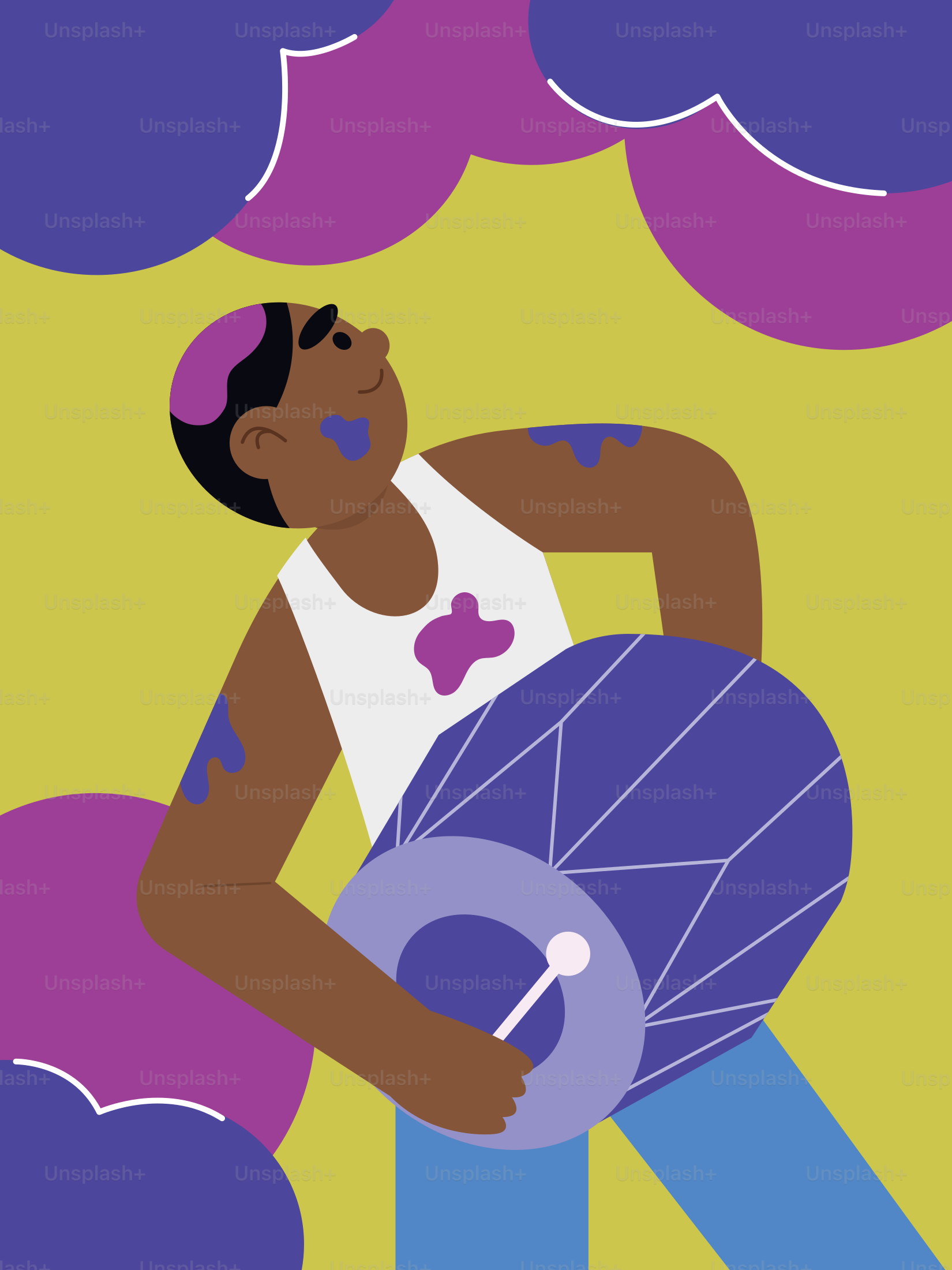 A man holding a frisbee on a yellow and purple background