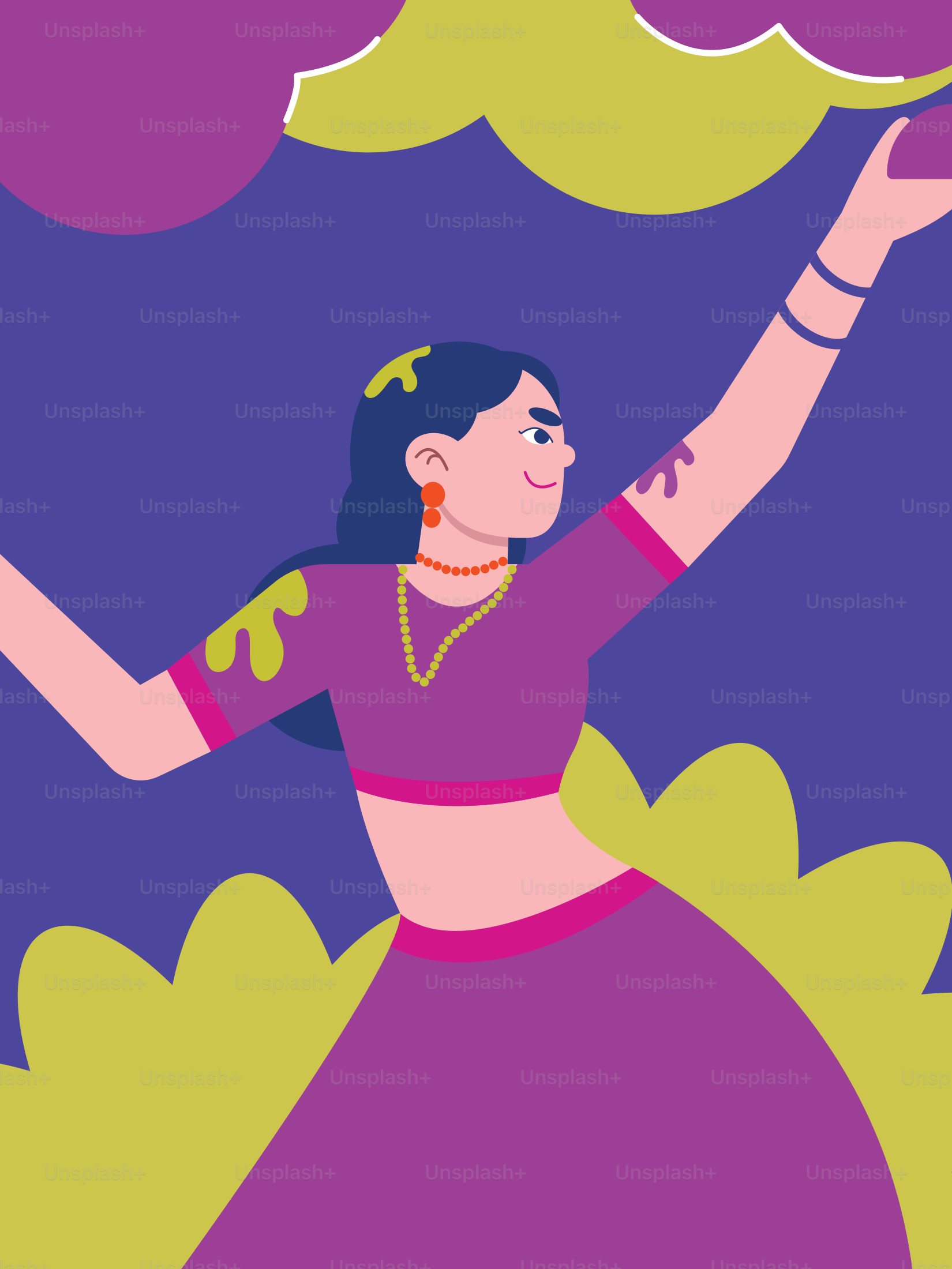 A woman in a purple dress is flying a kite