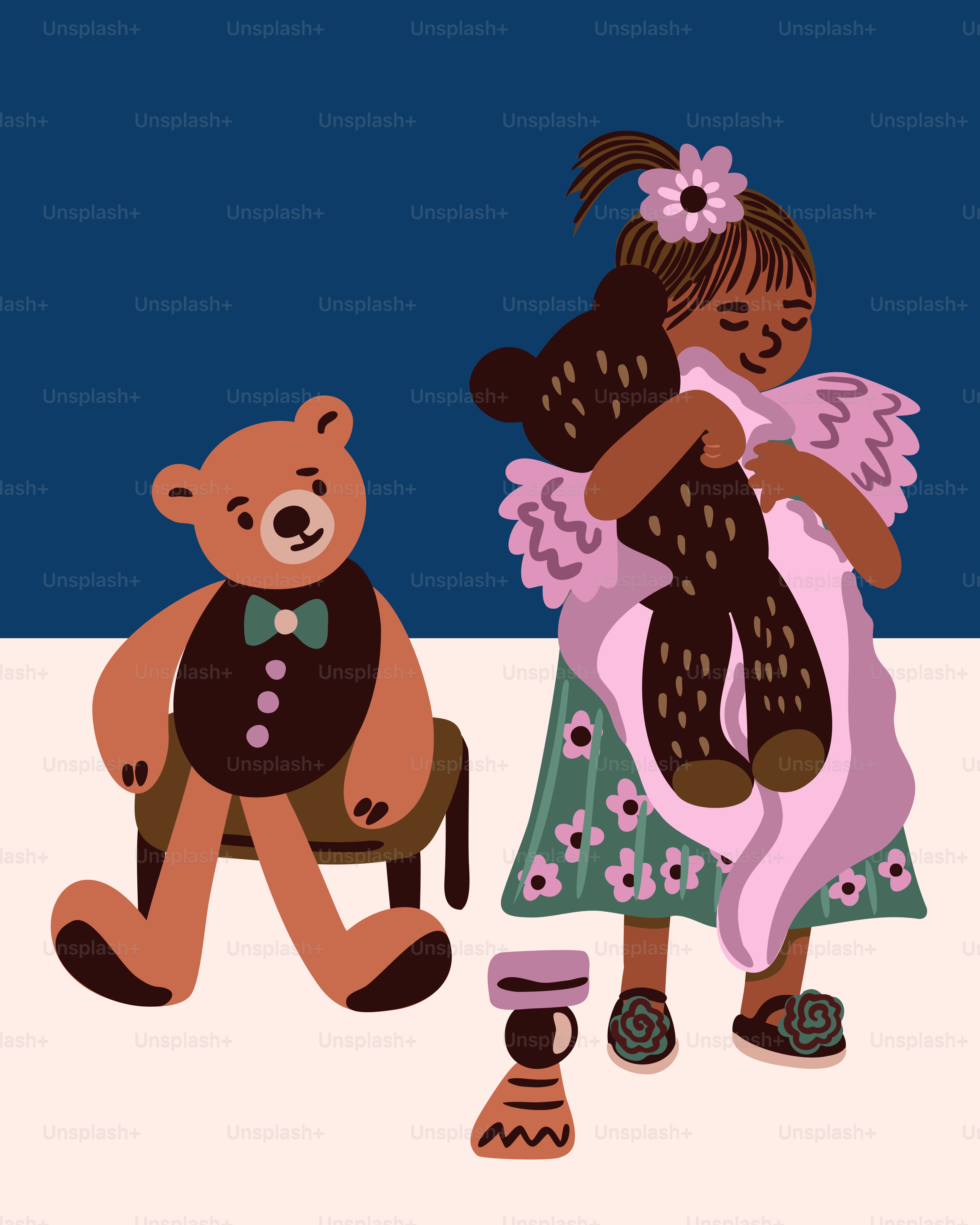 テディベアの隣にテディベアを抱いている小さな女の子