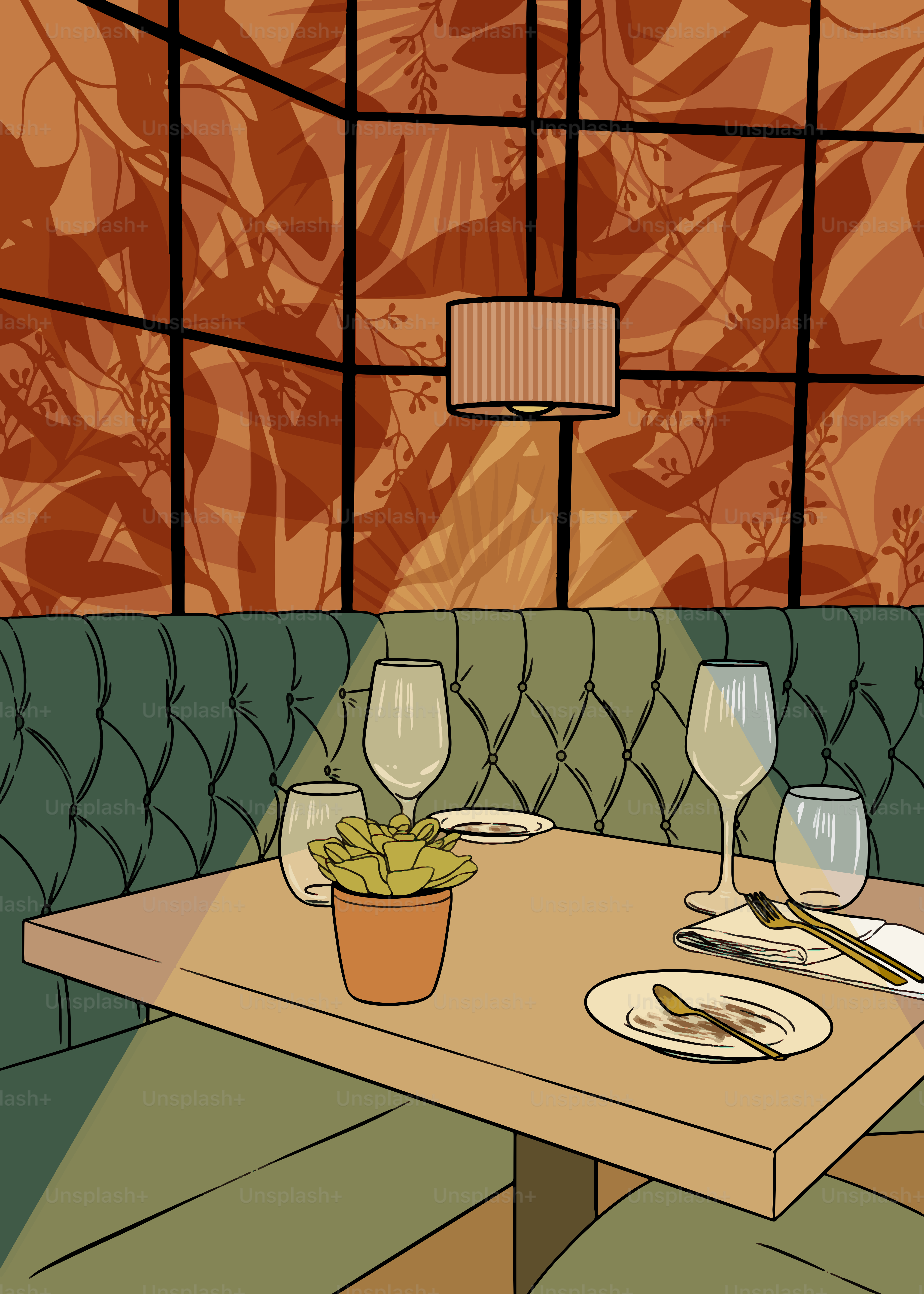 A table with two wine glasses and a plate of food on it