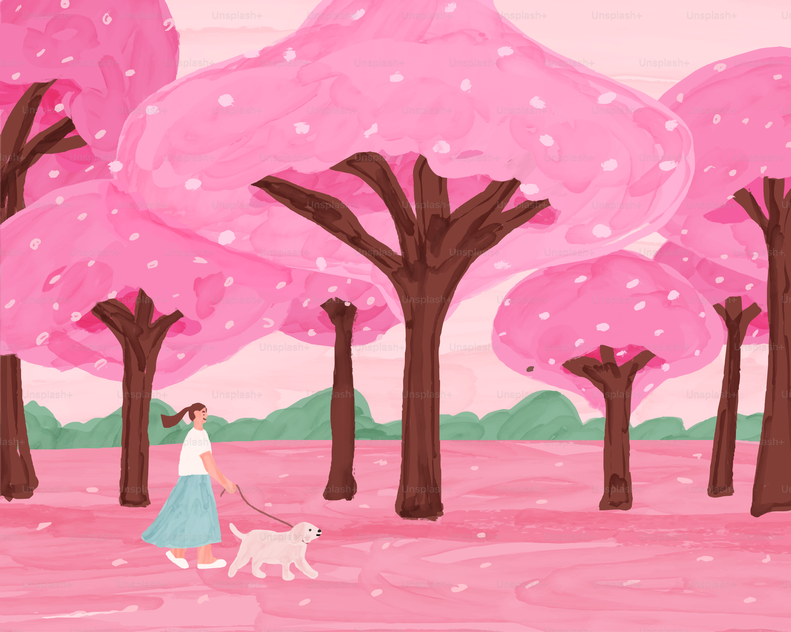 Eine Frau, die mit einem Hund in einem rosa Park spazieren geht