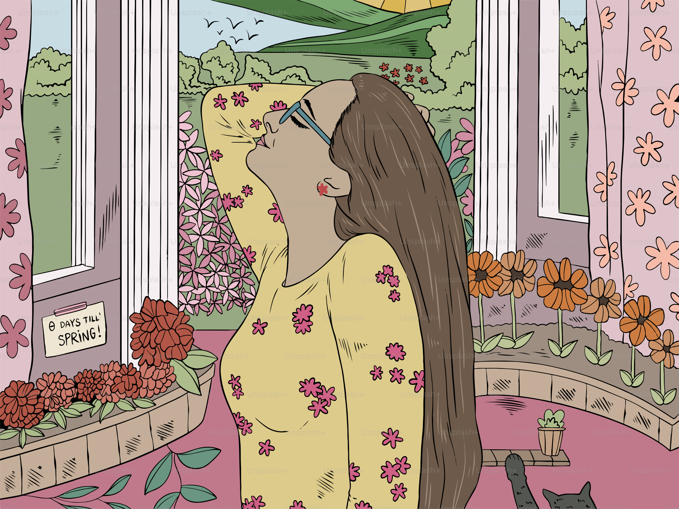 A woman in a yellow shirt is looking out a window