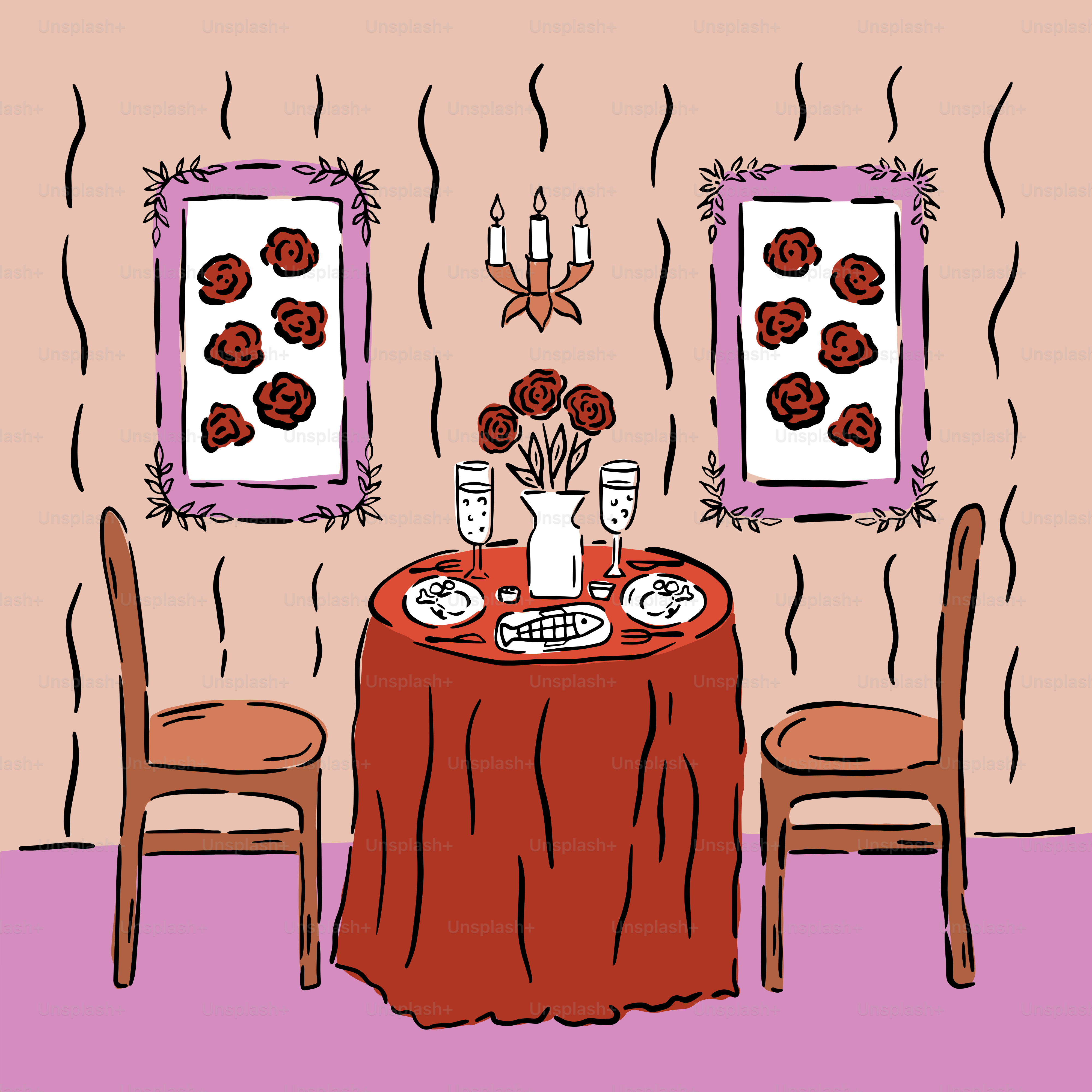 A drawing of a dining room with a table and chairs vector – Food Image on  Unsplash, image size:3000x3000