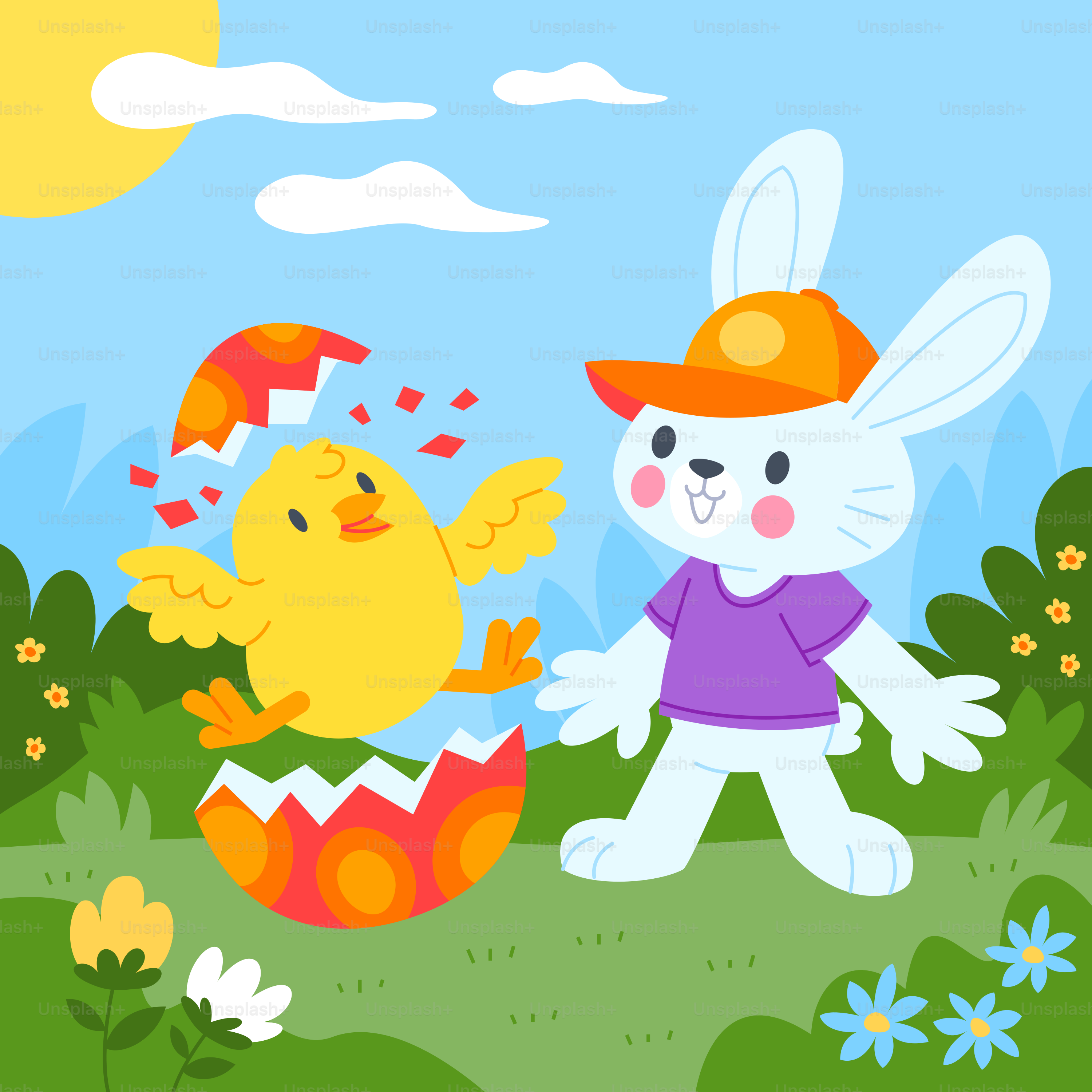 A cartoon of a bunny and a chick in a field