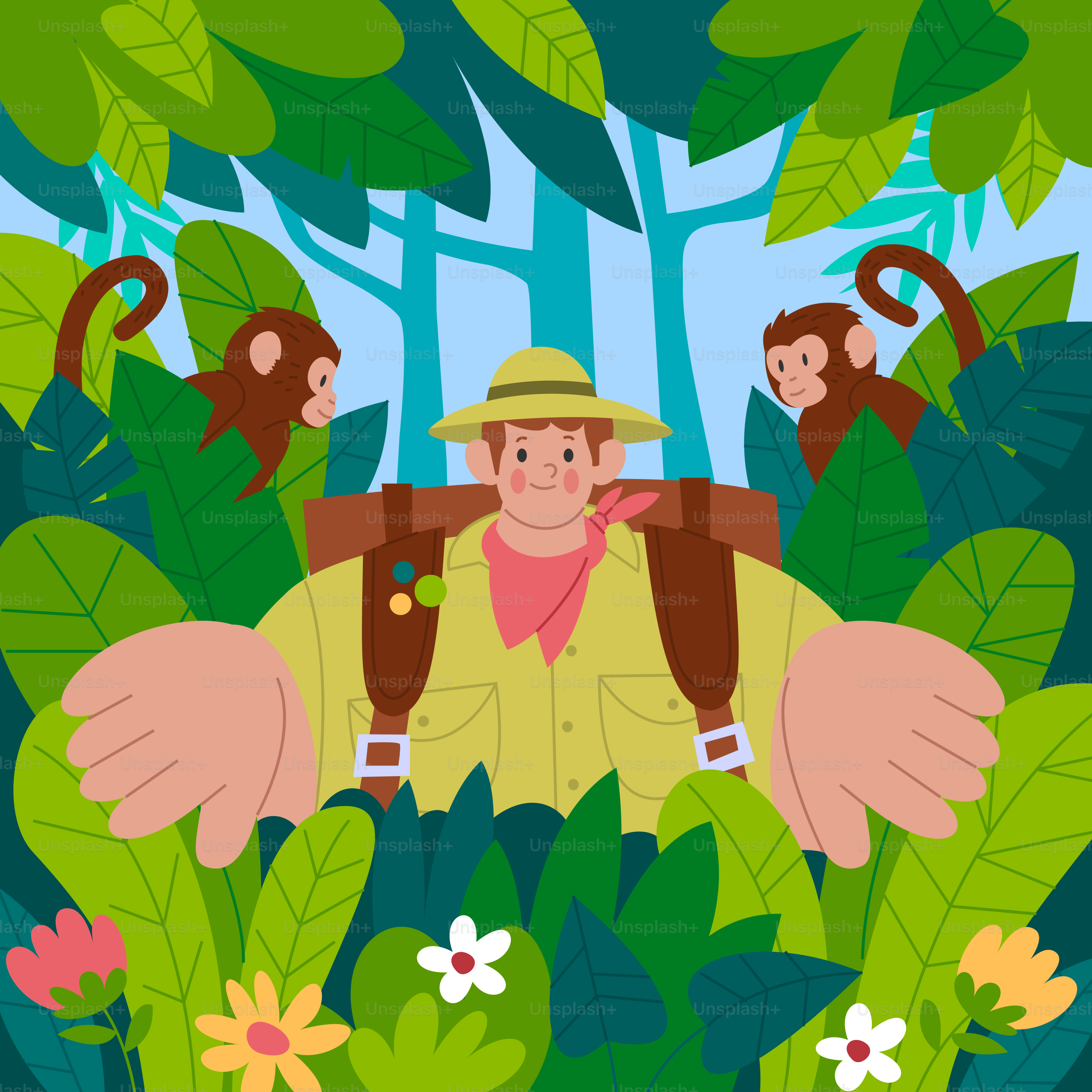 Un hombre con sombrero está rodeado de monos