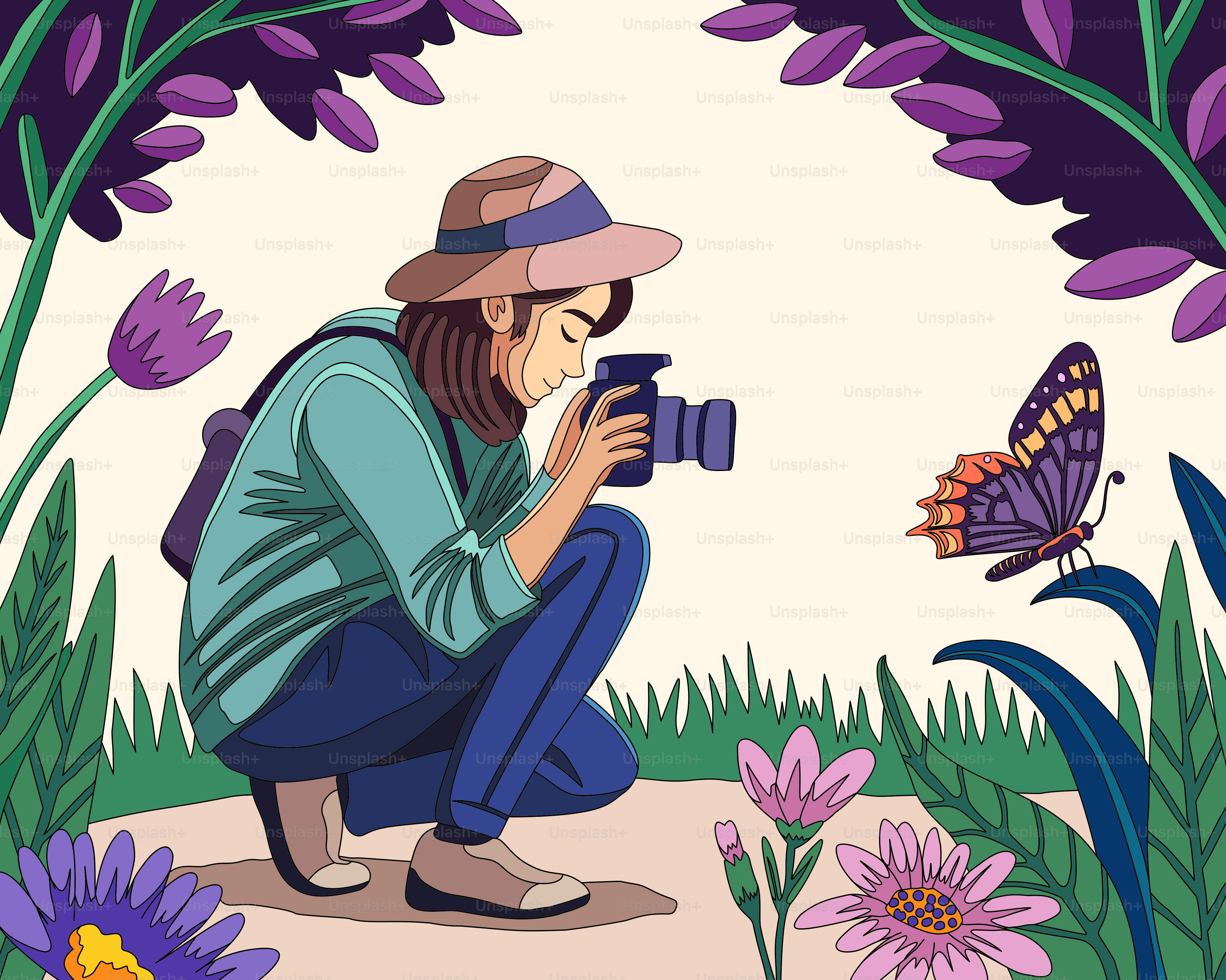 A woman taking a picture of a butterfly with a camera