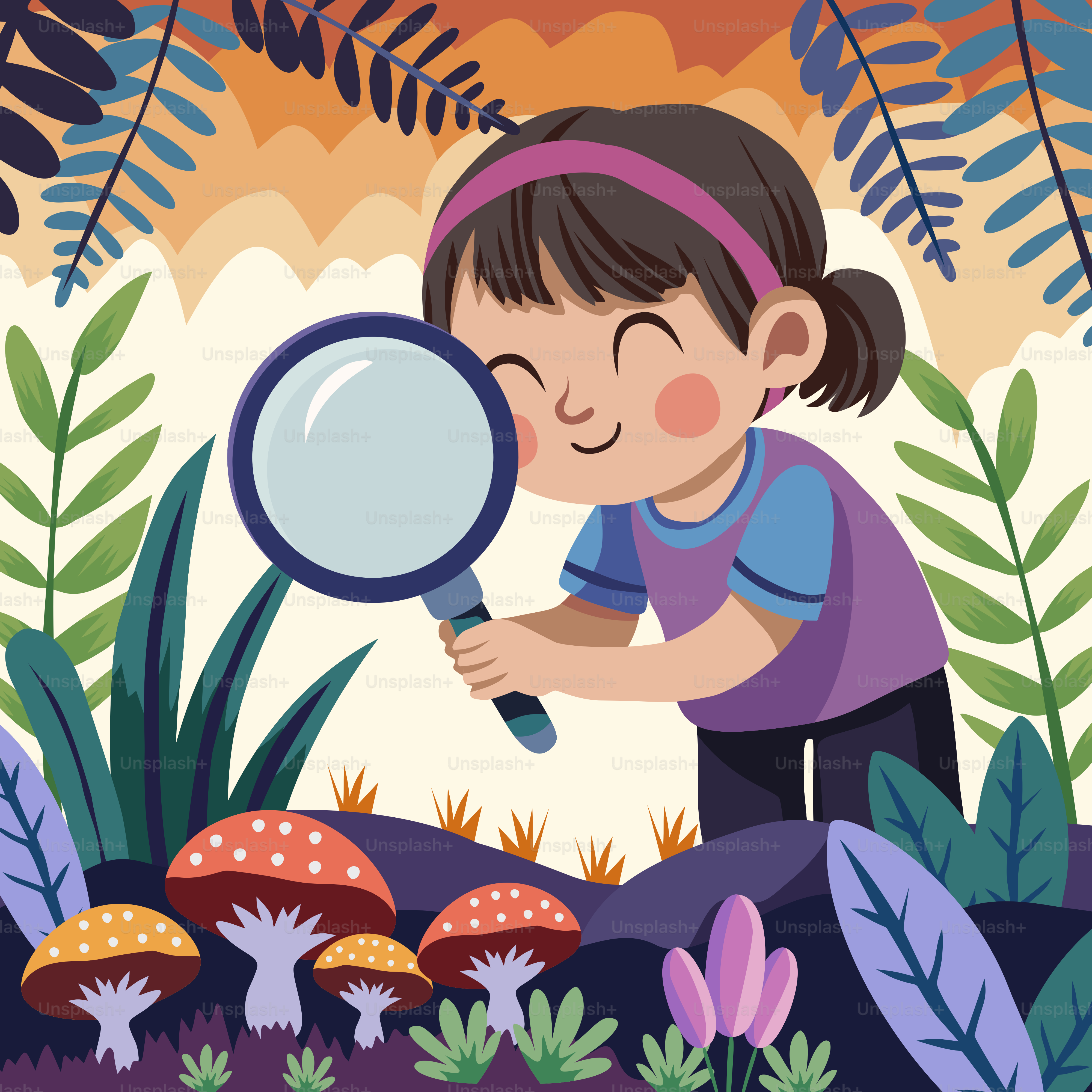 Uma garotinha olhando por uma lupa