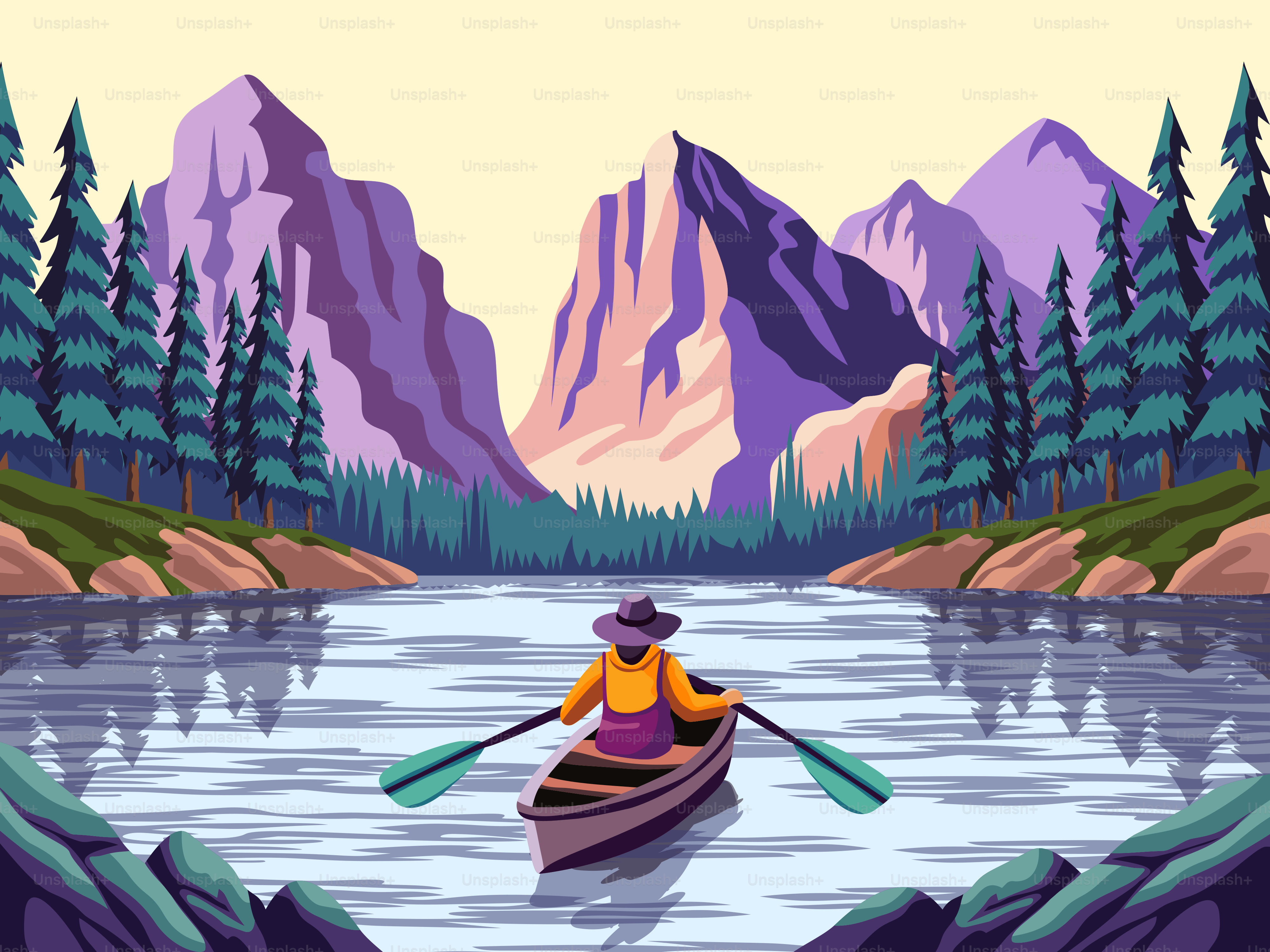 A person in a canoe on a river with mountains in the background
