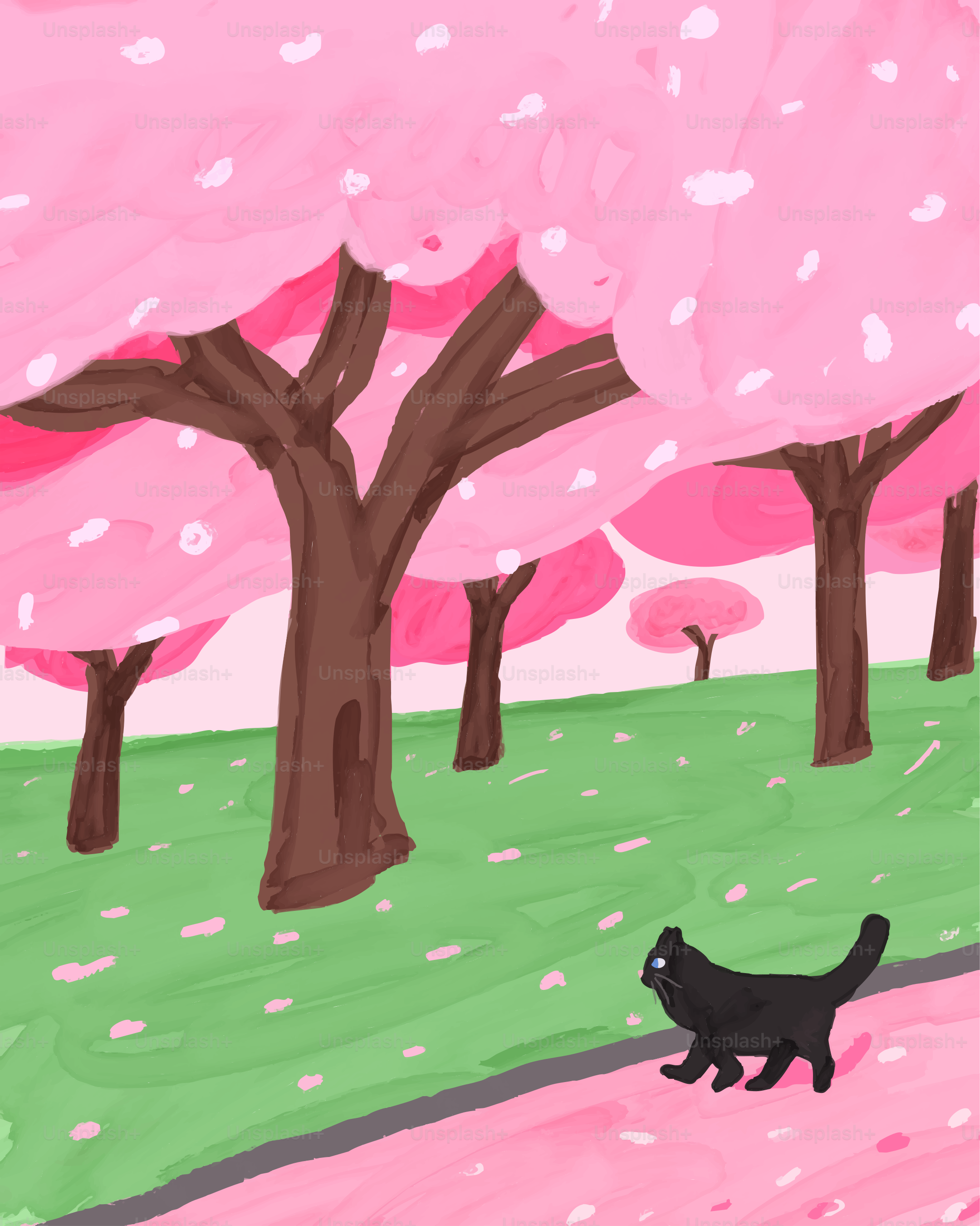 A painting of a cat walking in a park