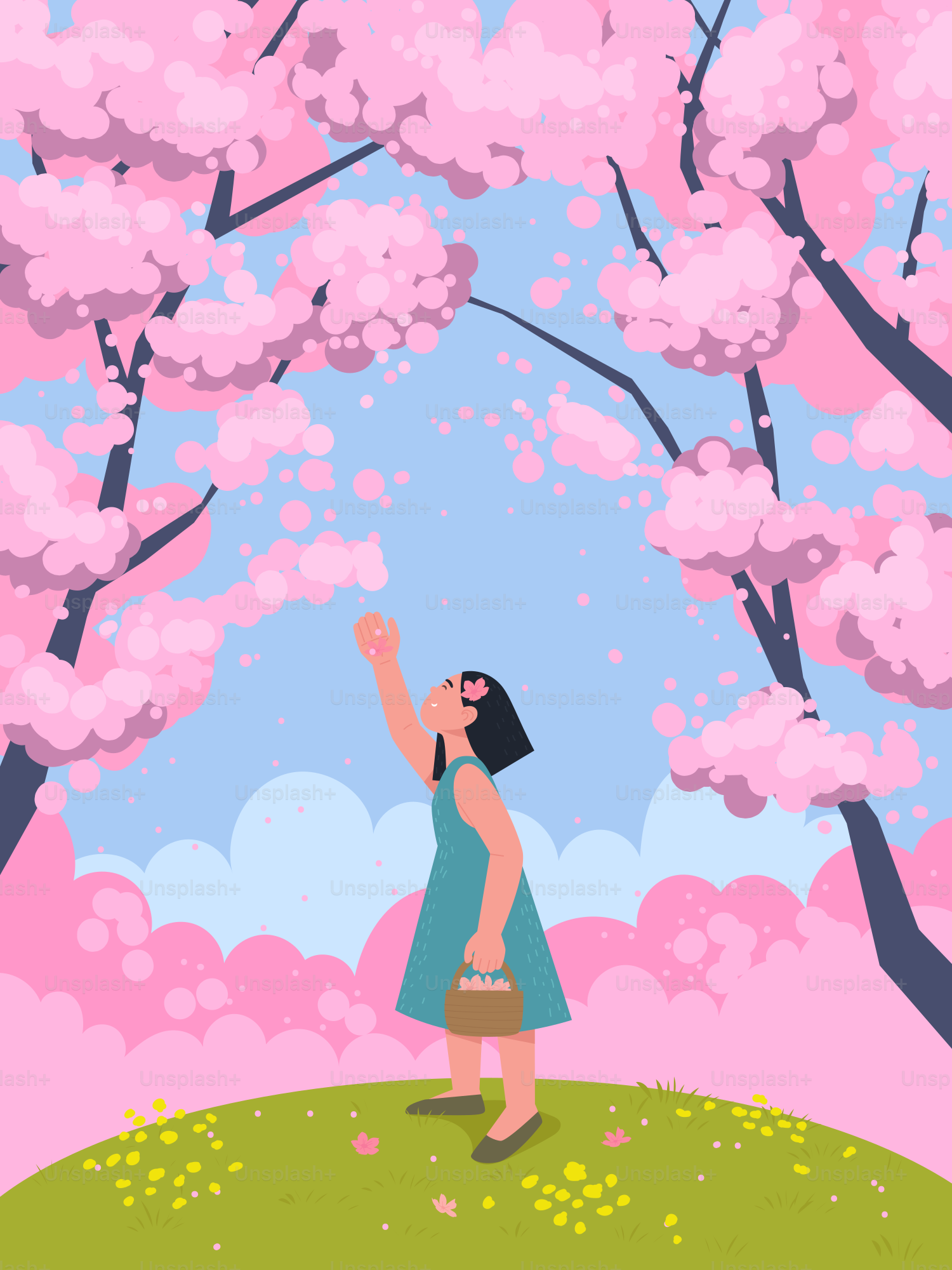 A woman standing under a tree filled with pink flowers
