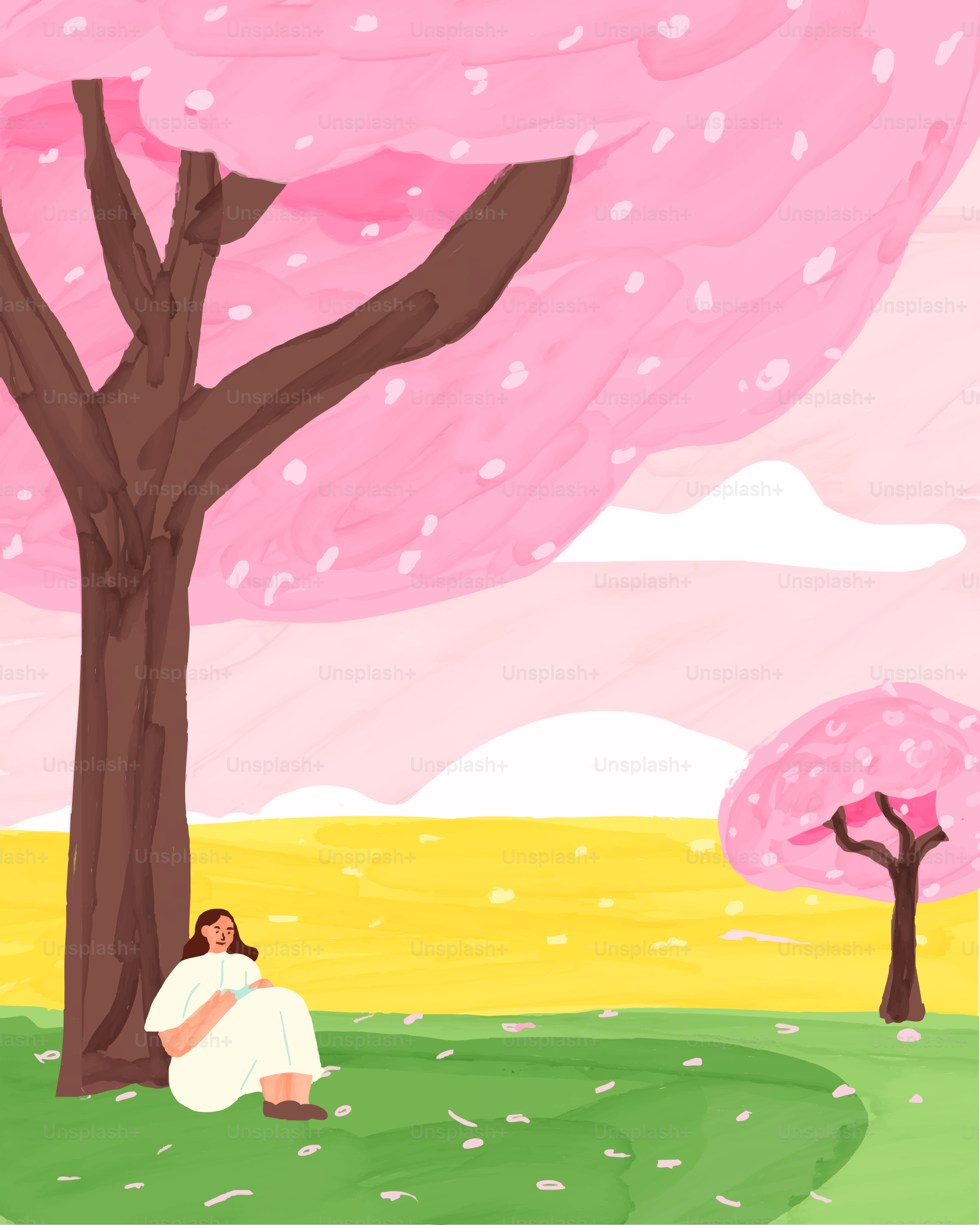 A painting of a woman sitting under a tree vector – Flowers Image on ...