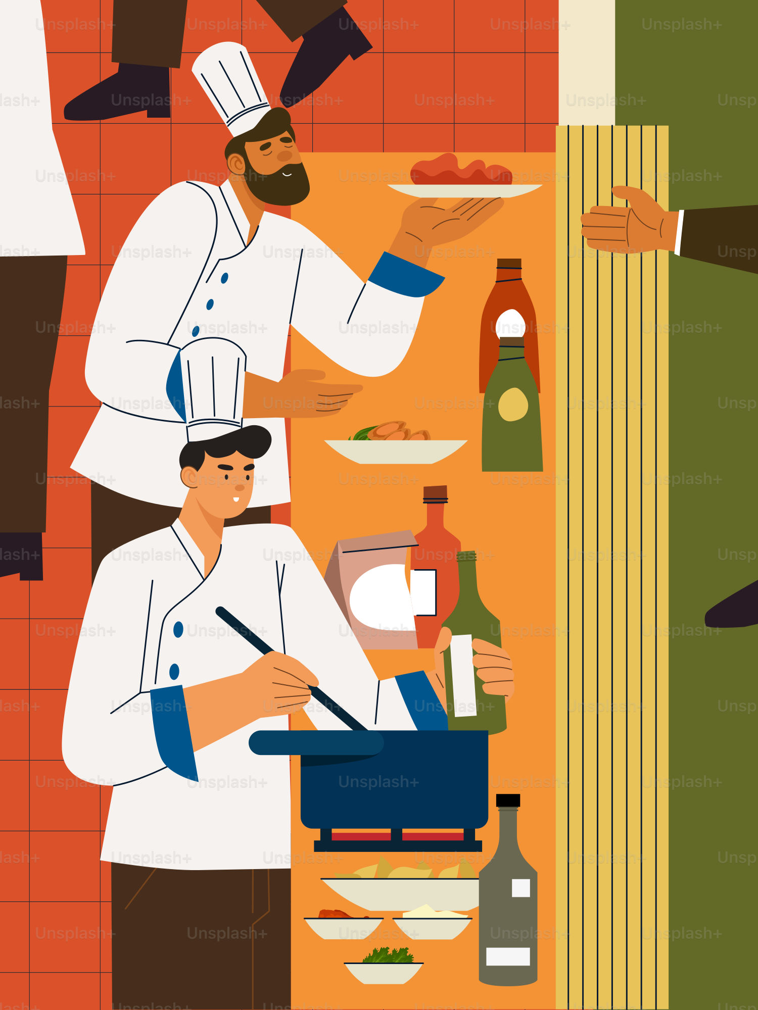 A couple of men standing next to each other in a kitchen