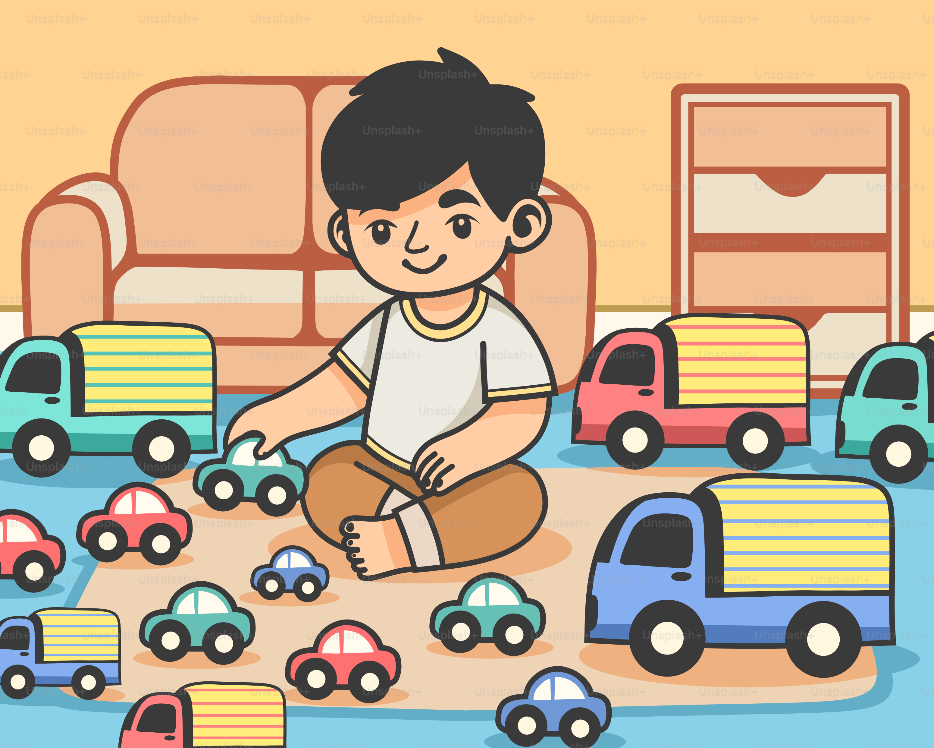 Seorang anak laki-laki bermain dengan mobil mainan di sebuah ruangan