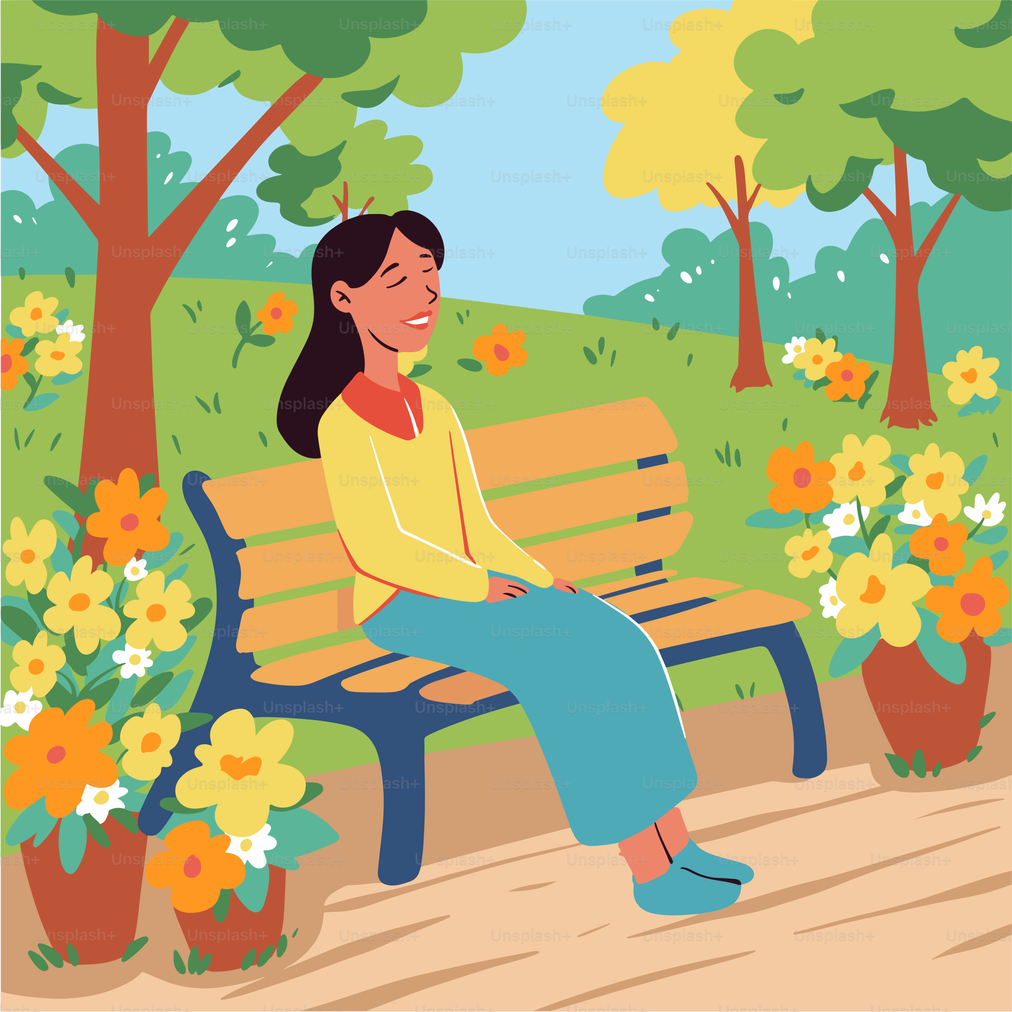 A woman sitting on a bench in a park