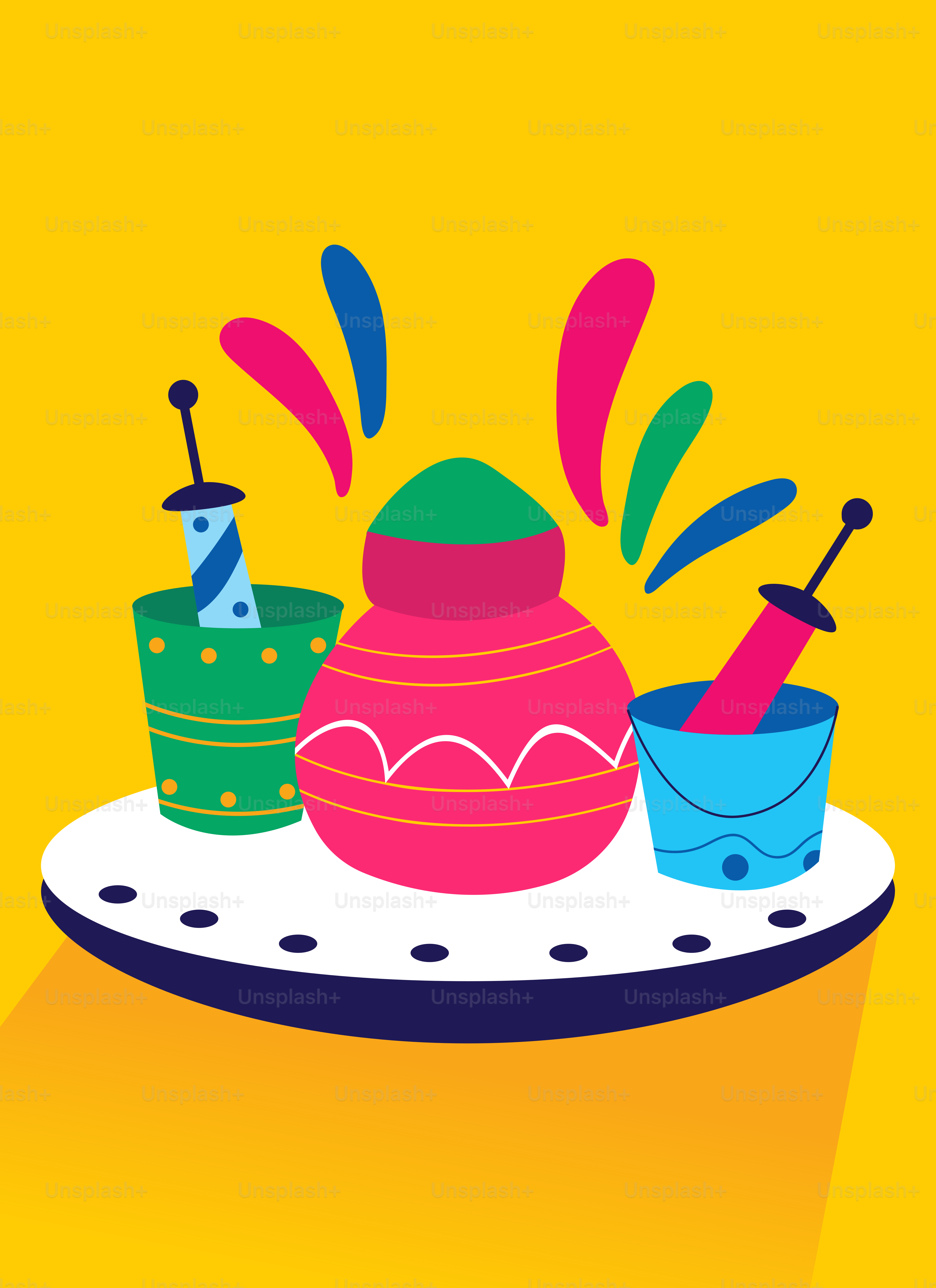 Uma ilustração colorida de um bule e xícaras em um prato