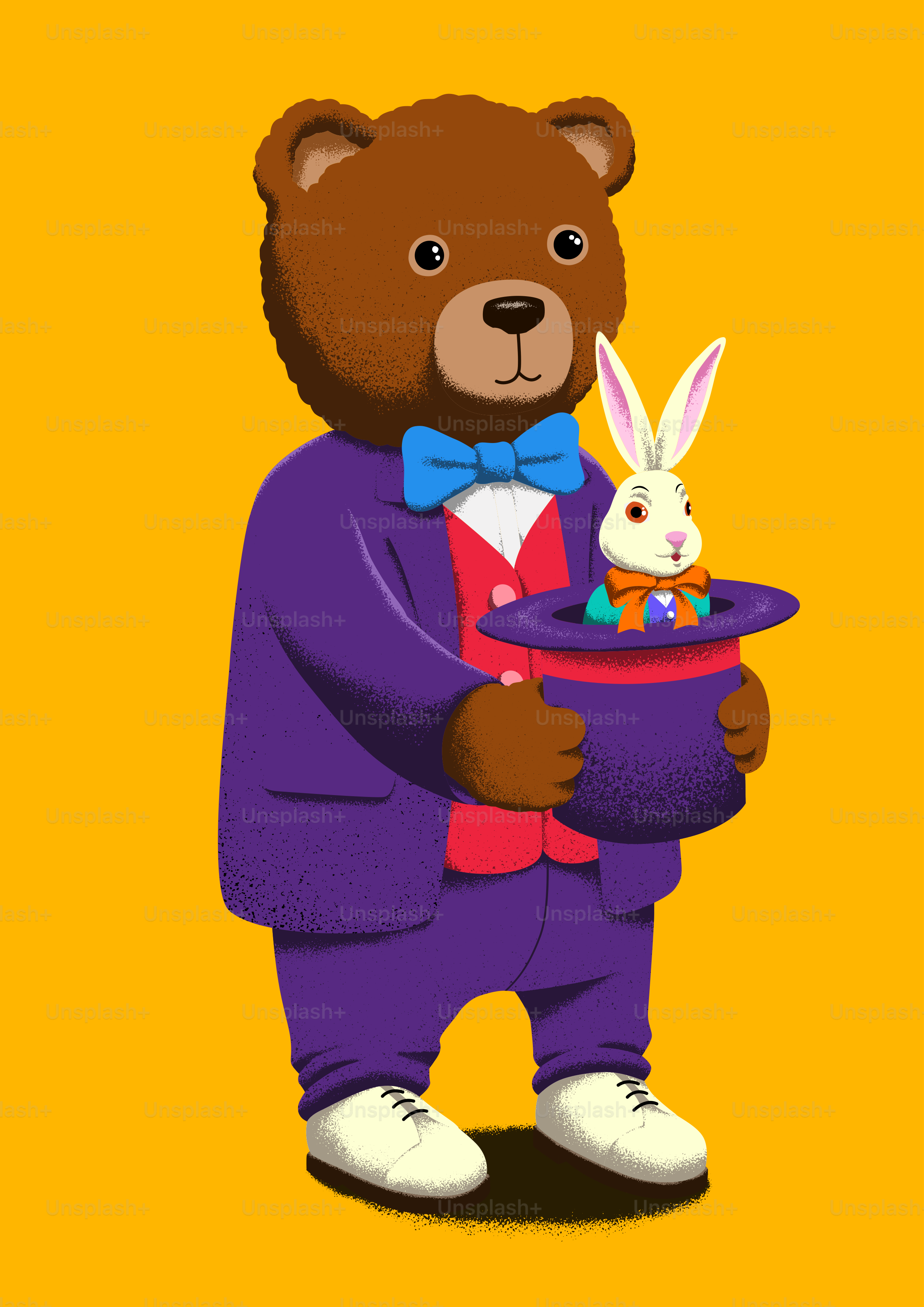 A bear holding a bowl with a bunny inside of it