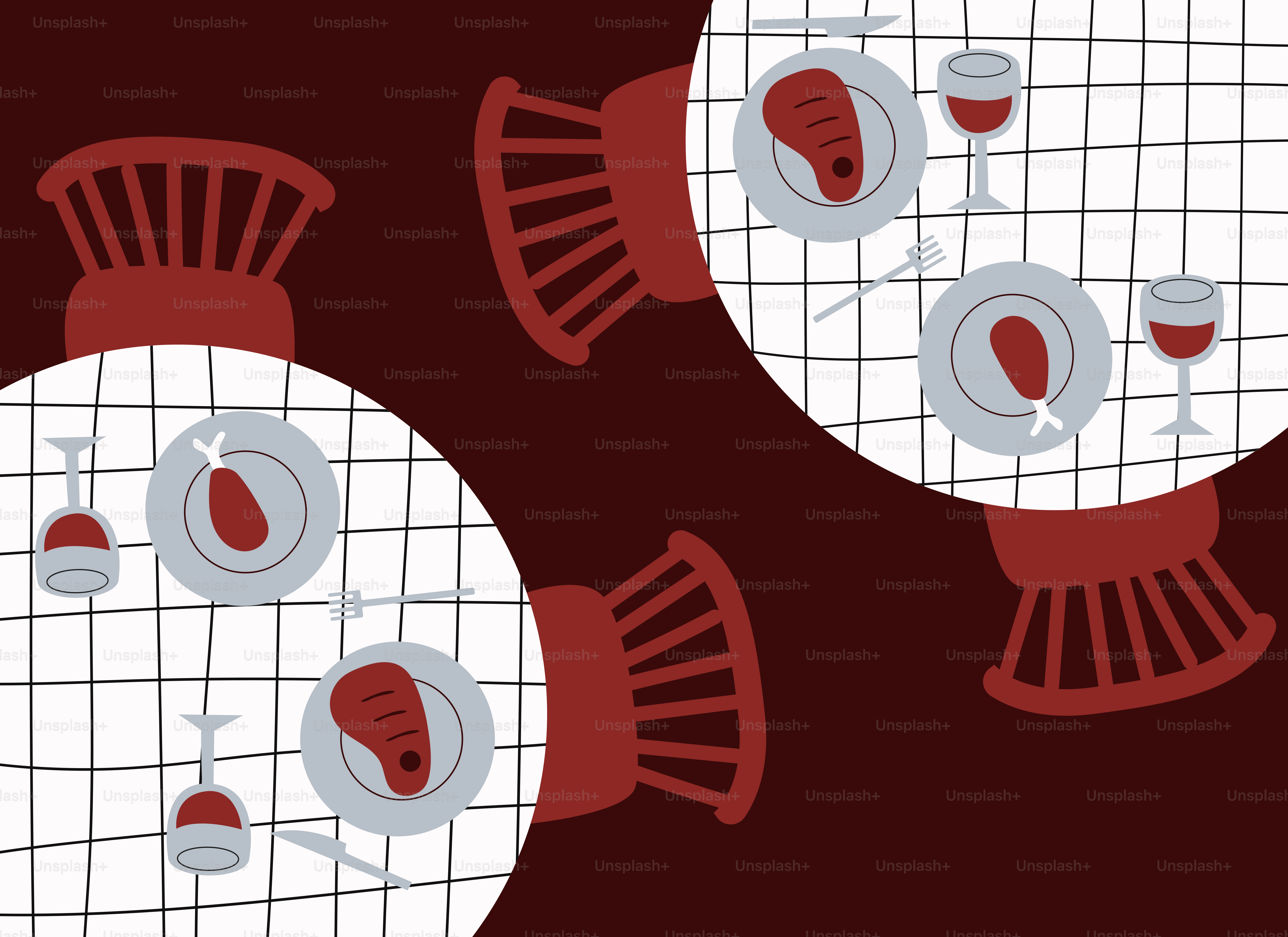 赤と白のテーブルクロスに白い皿とワイングラスが置かれている