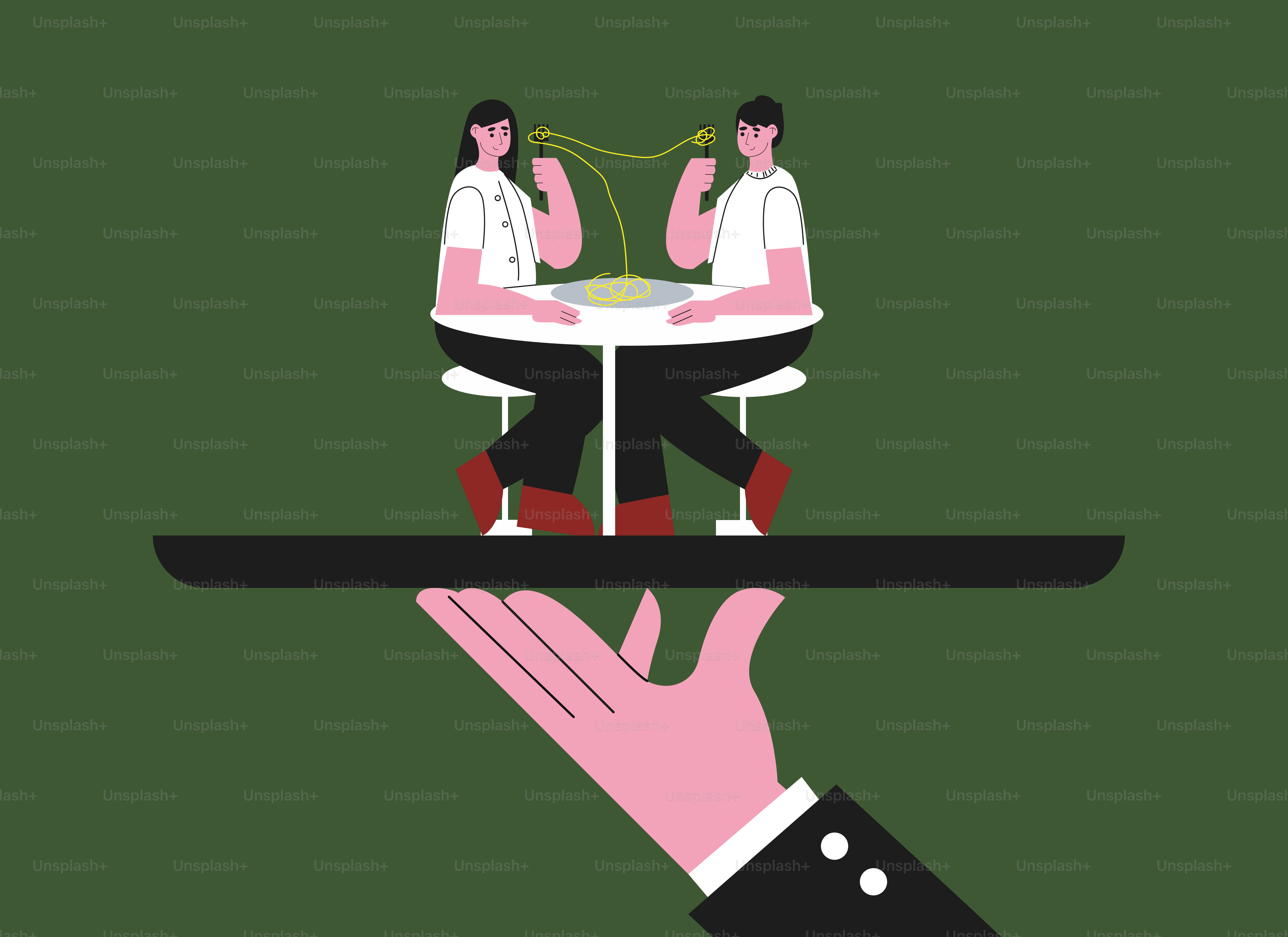 テーブルに座っている2人のトレイを持つ手