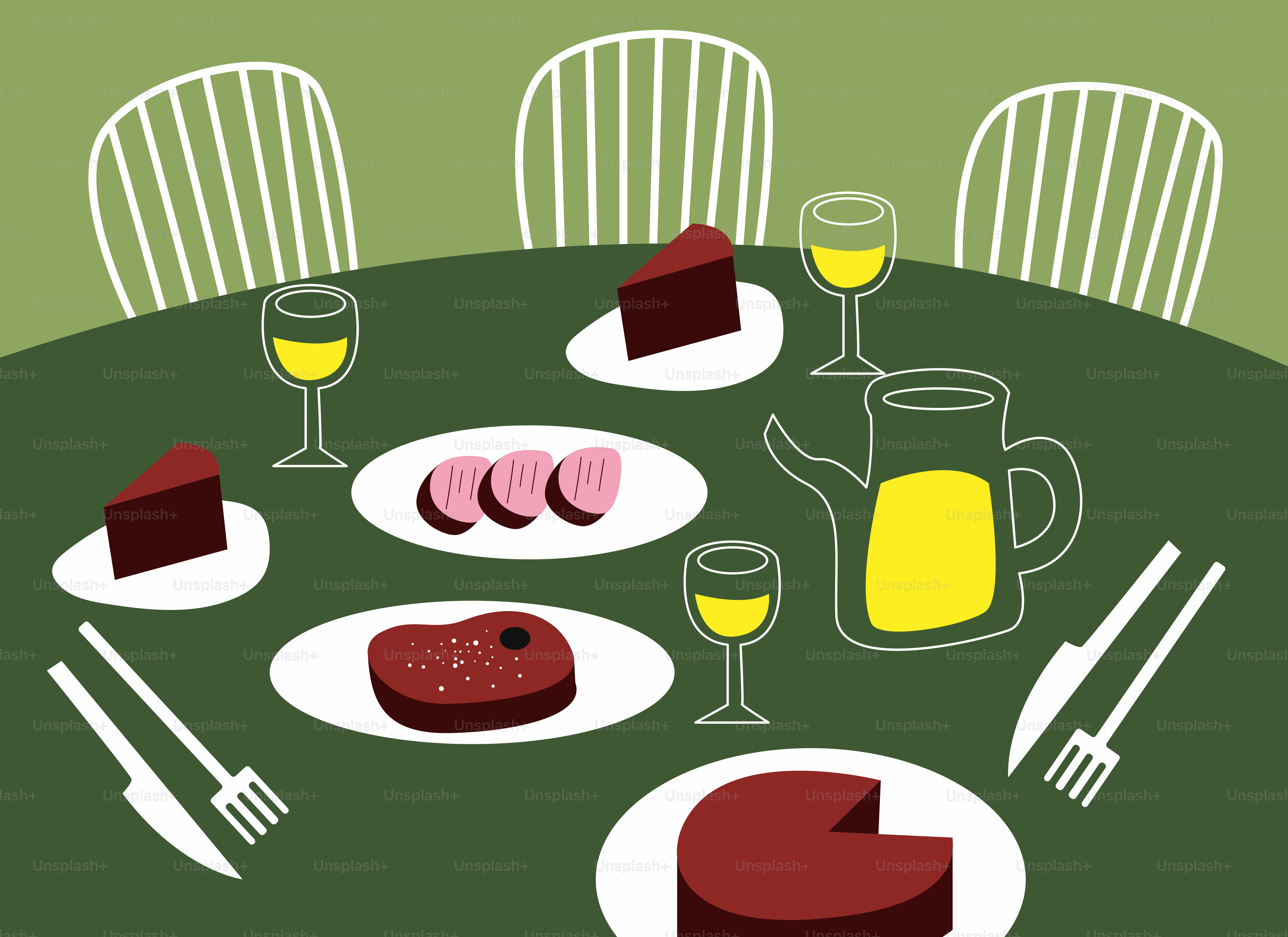 テーブルの上には料理のプレートとワインが並べられています