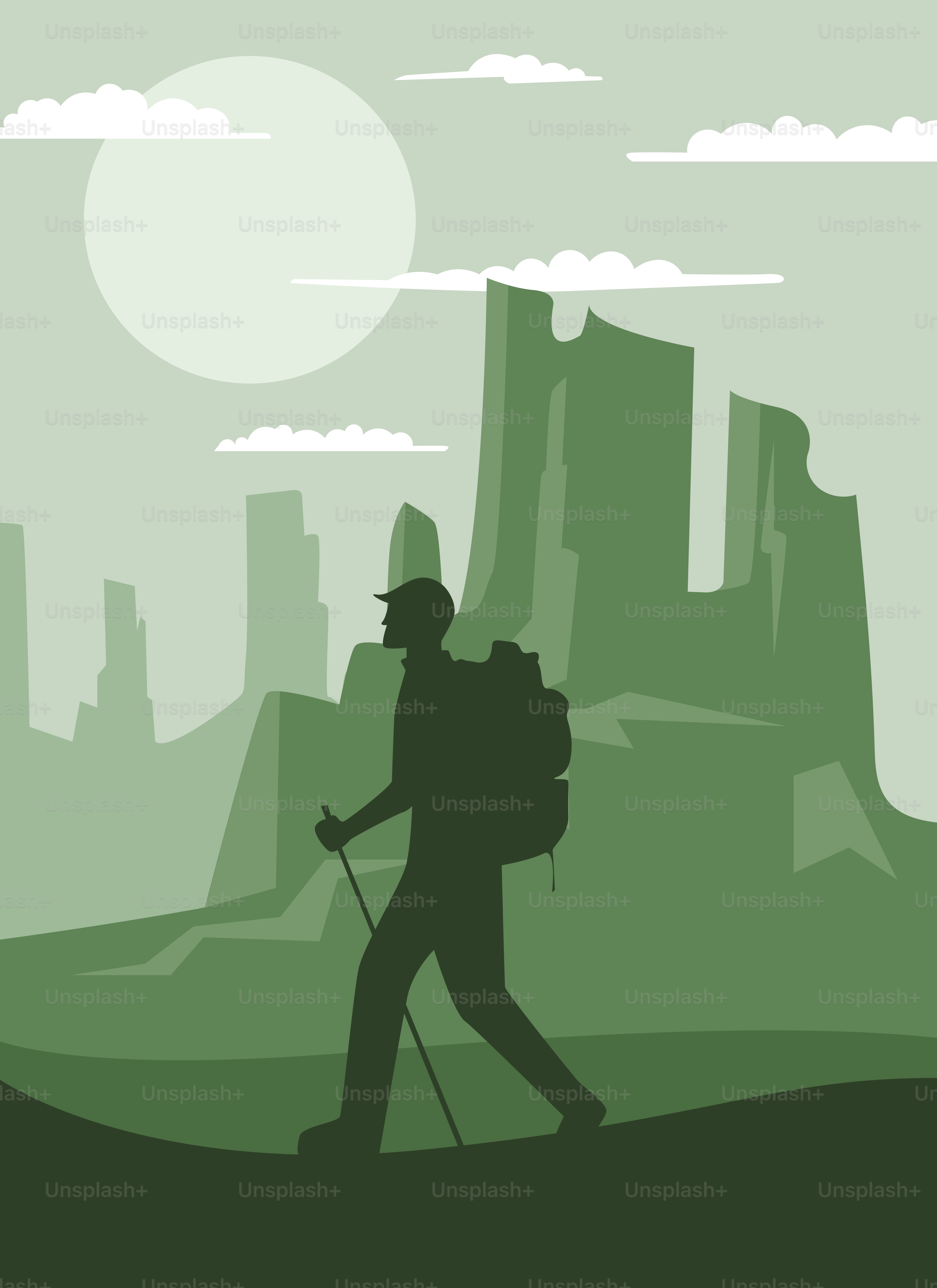 A man with a backpack is hiking in the mountains