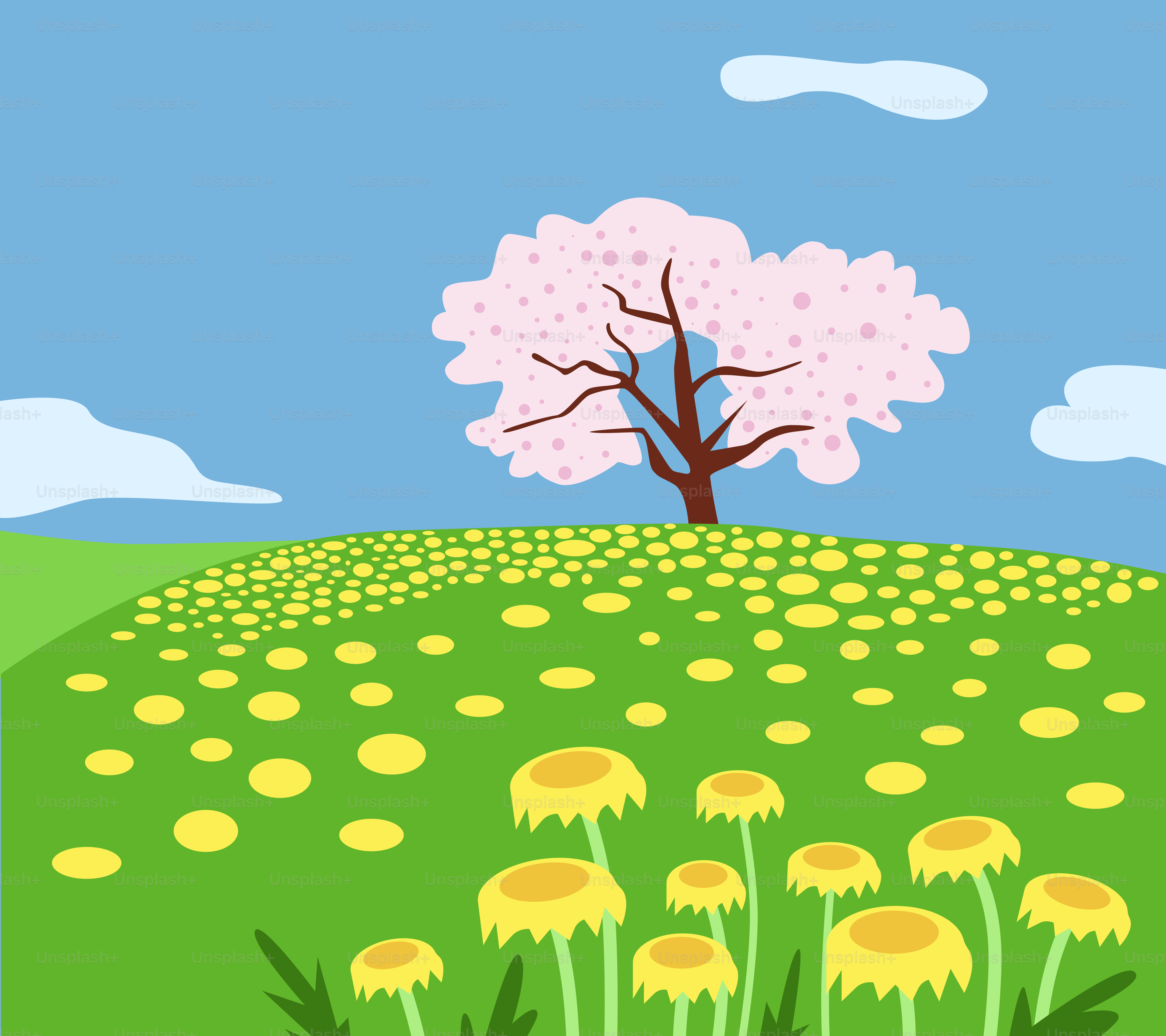 A painting of a field with flowers and a tree