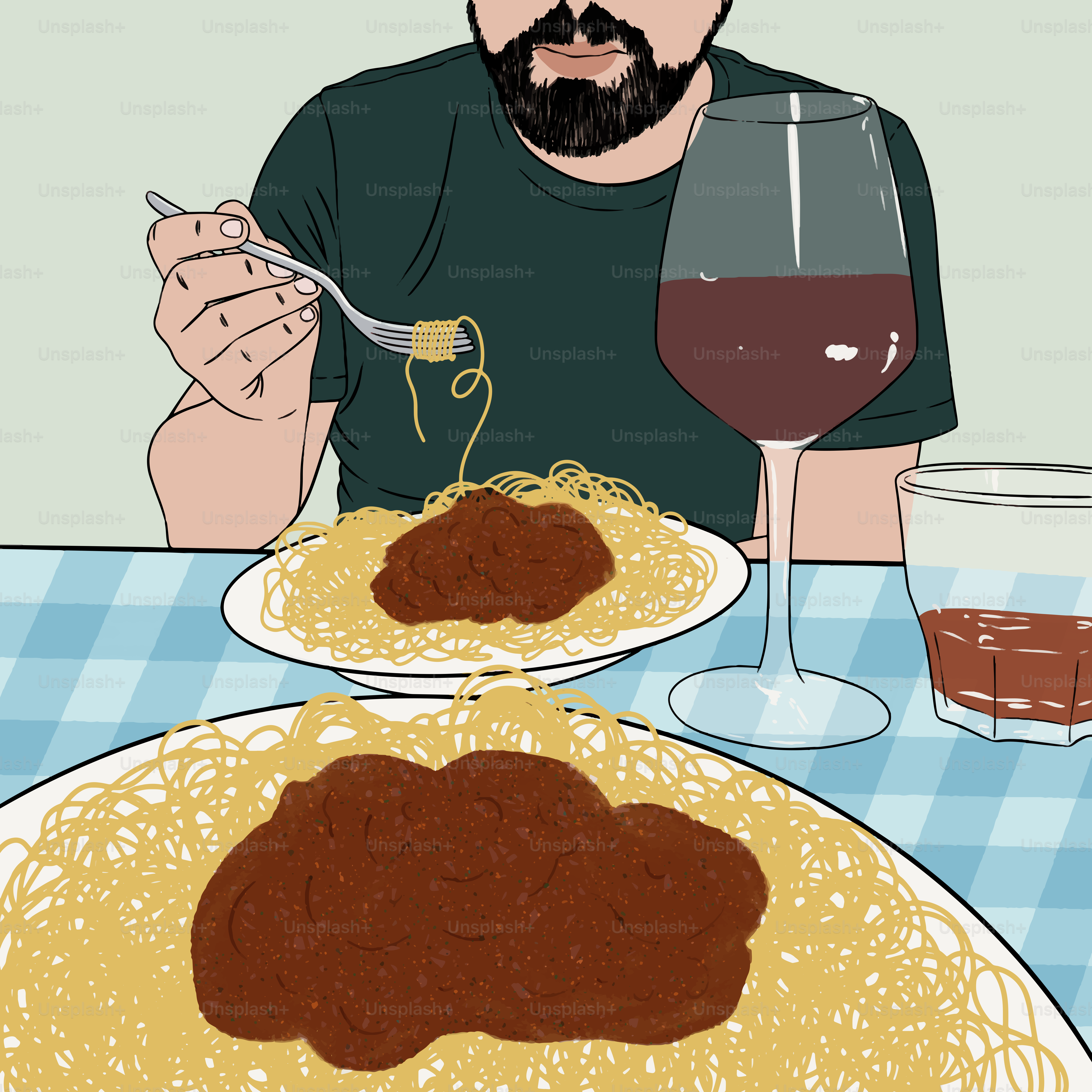 Un homme assis à une table avec une assiette de nourriture et un verre de vin