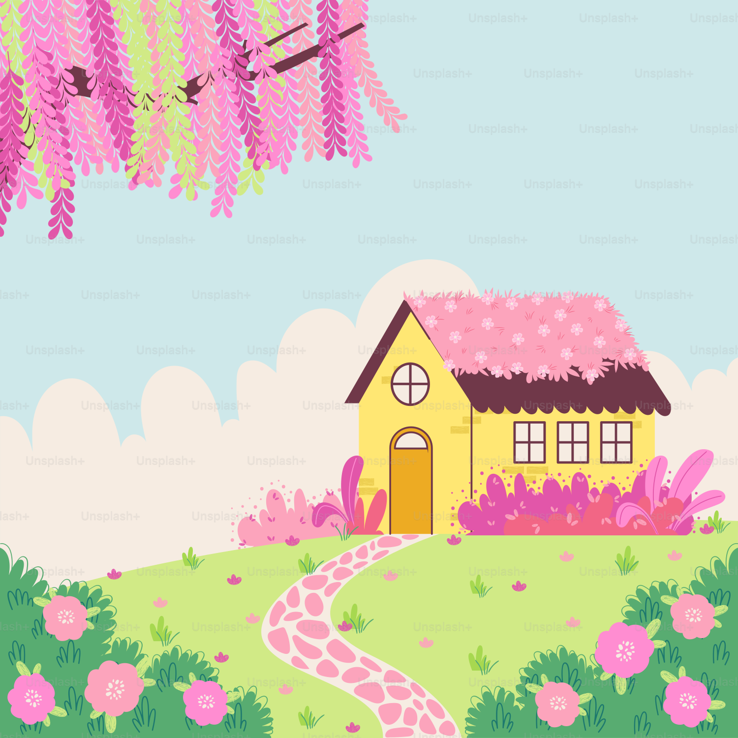 A house on a hill with pink flowers