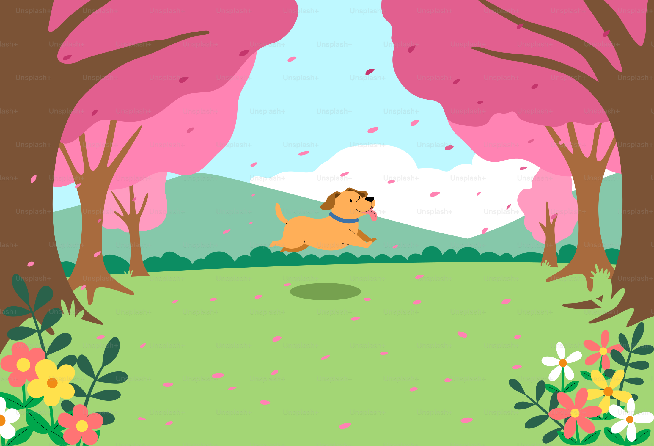 Ein Hund, der durch einen Park mit Bäumen und Blumen rennt