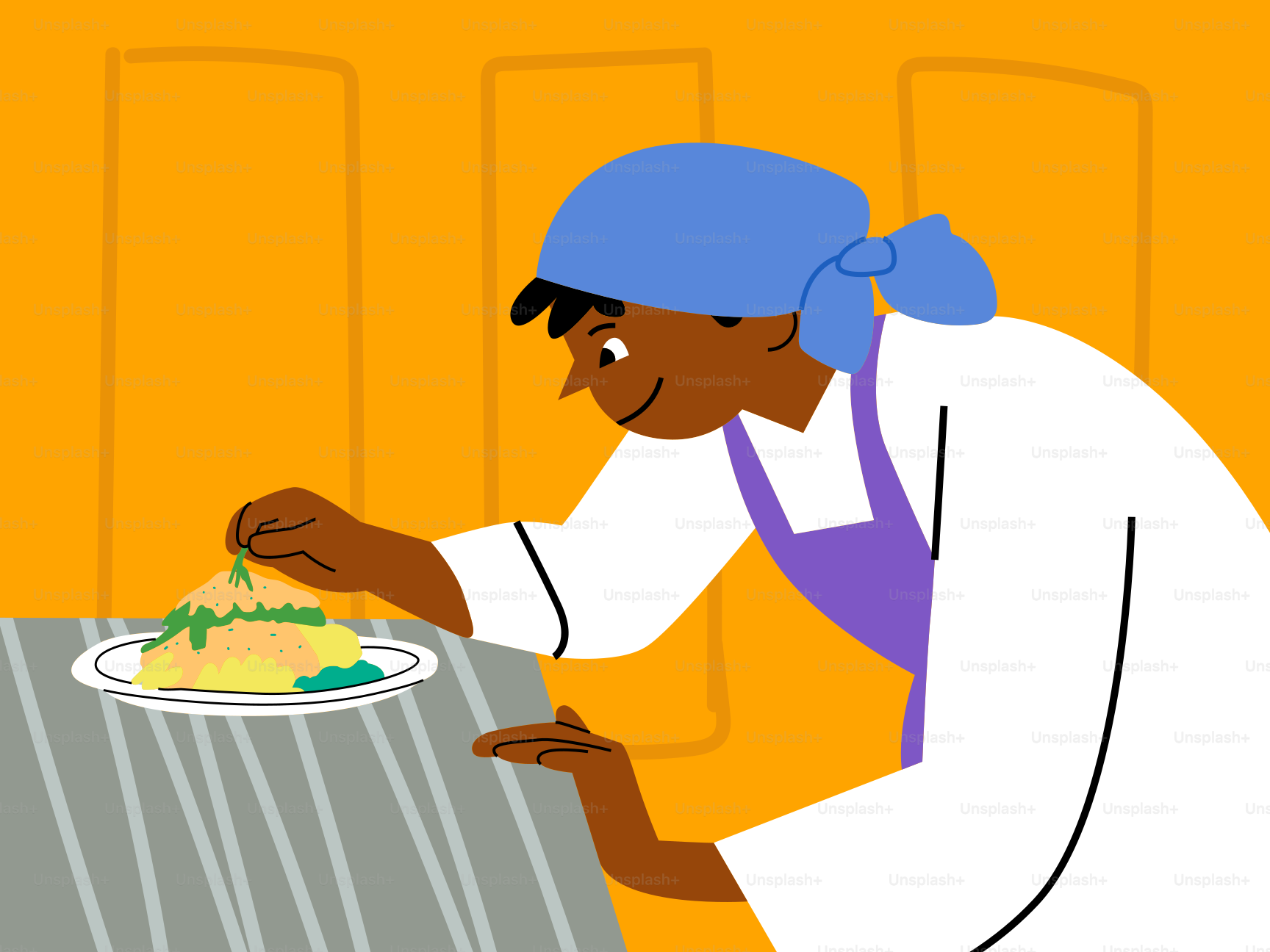 Una mujer con uniforme de chef poniendo un plato de comida sobre una mesa