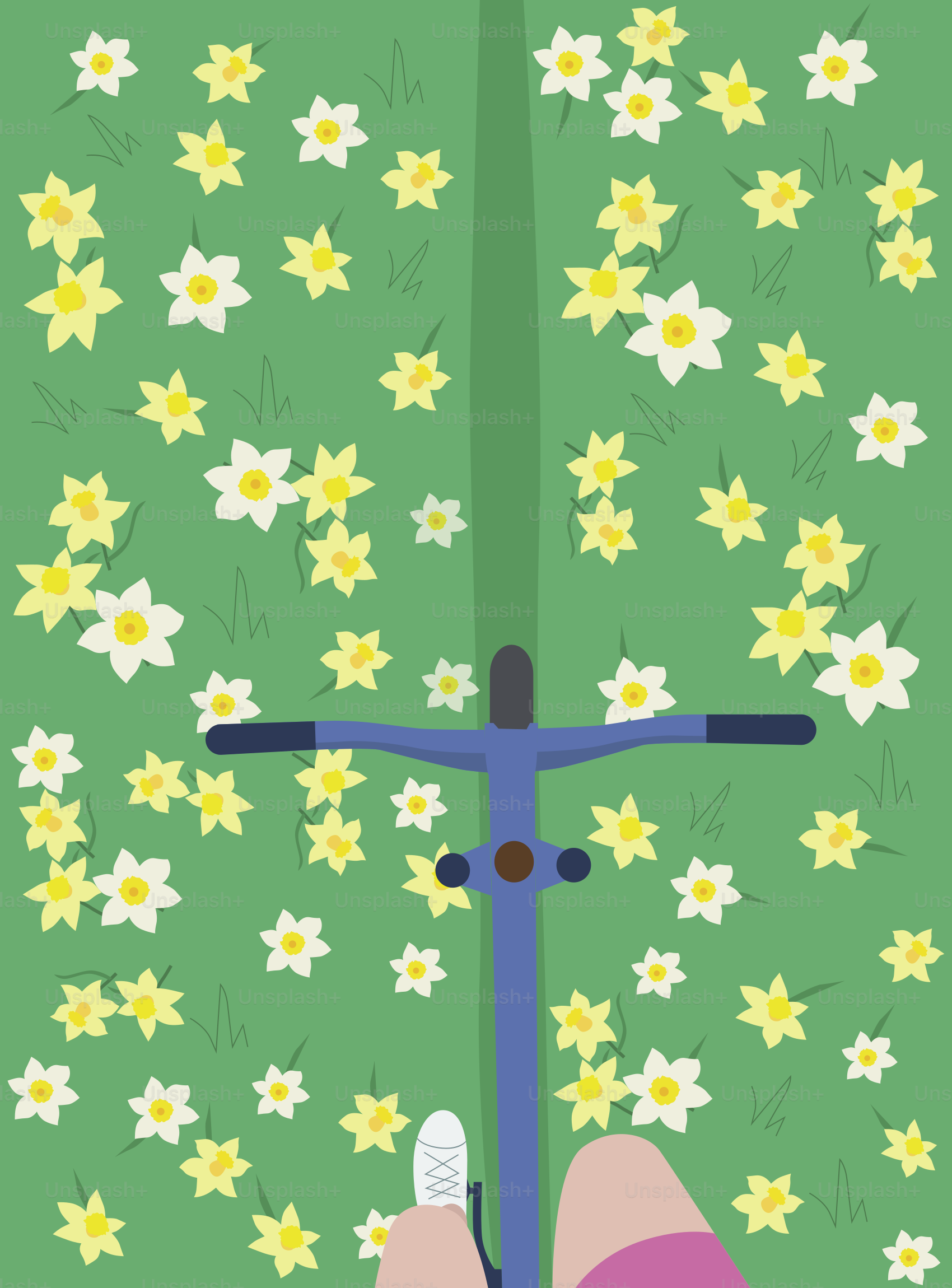 A person riding a scooter in front of a field of flowers