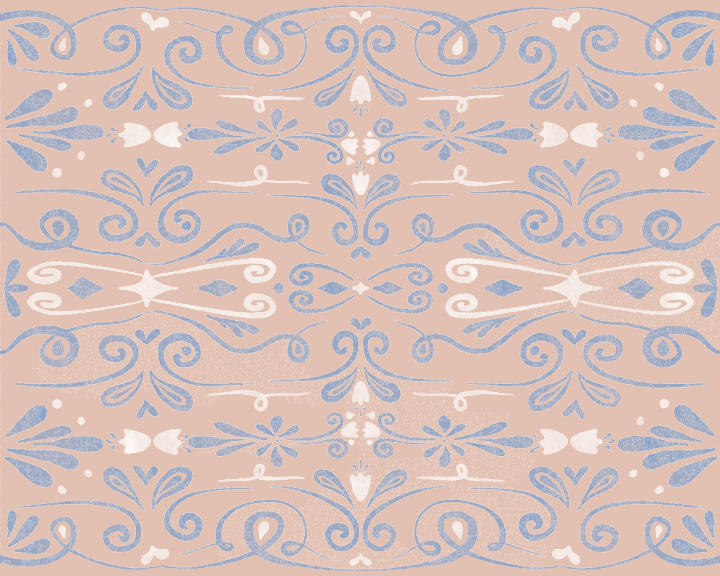 A blue and white pattern on a pink background