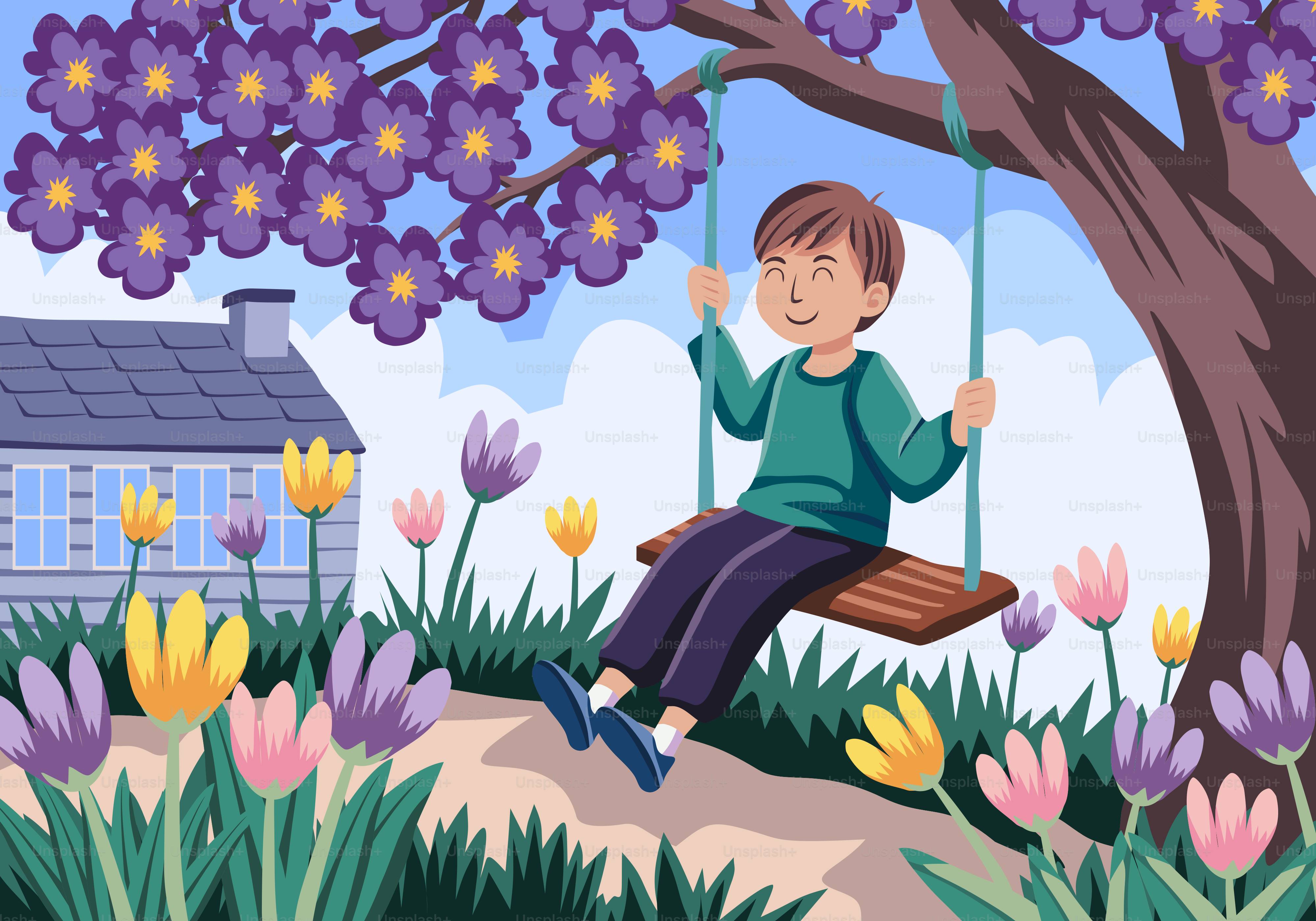 A boy sitting on a swing in a garden