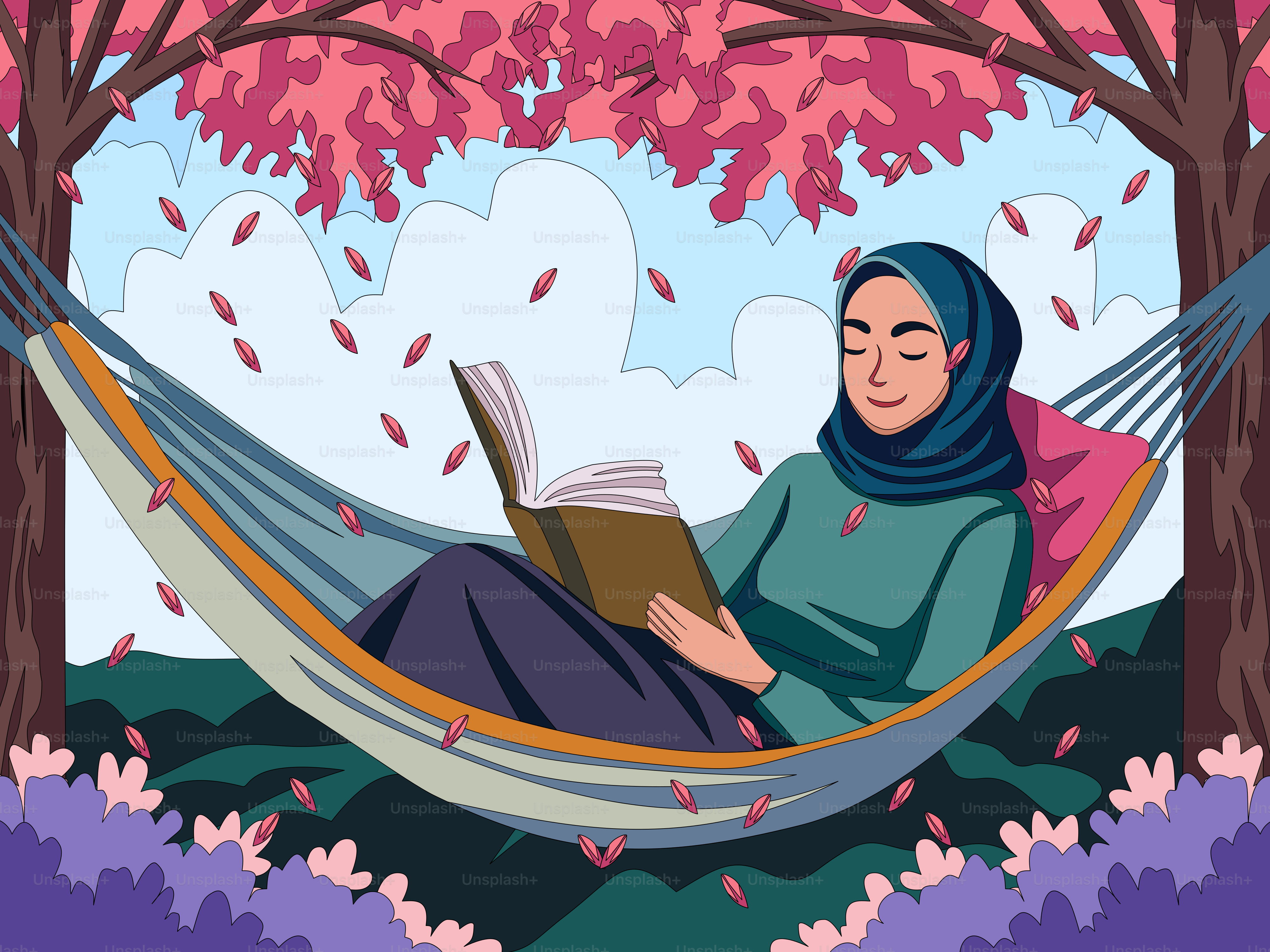 Eine Frau, die in einer Hängematte sitzt und ein Buch liest