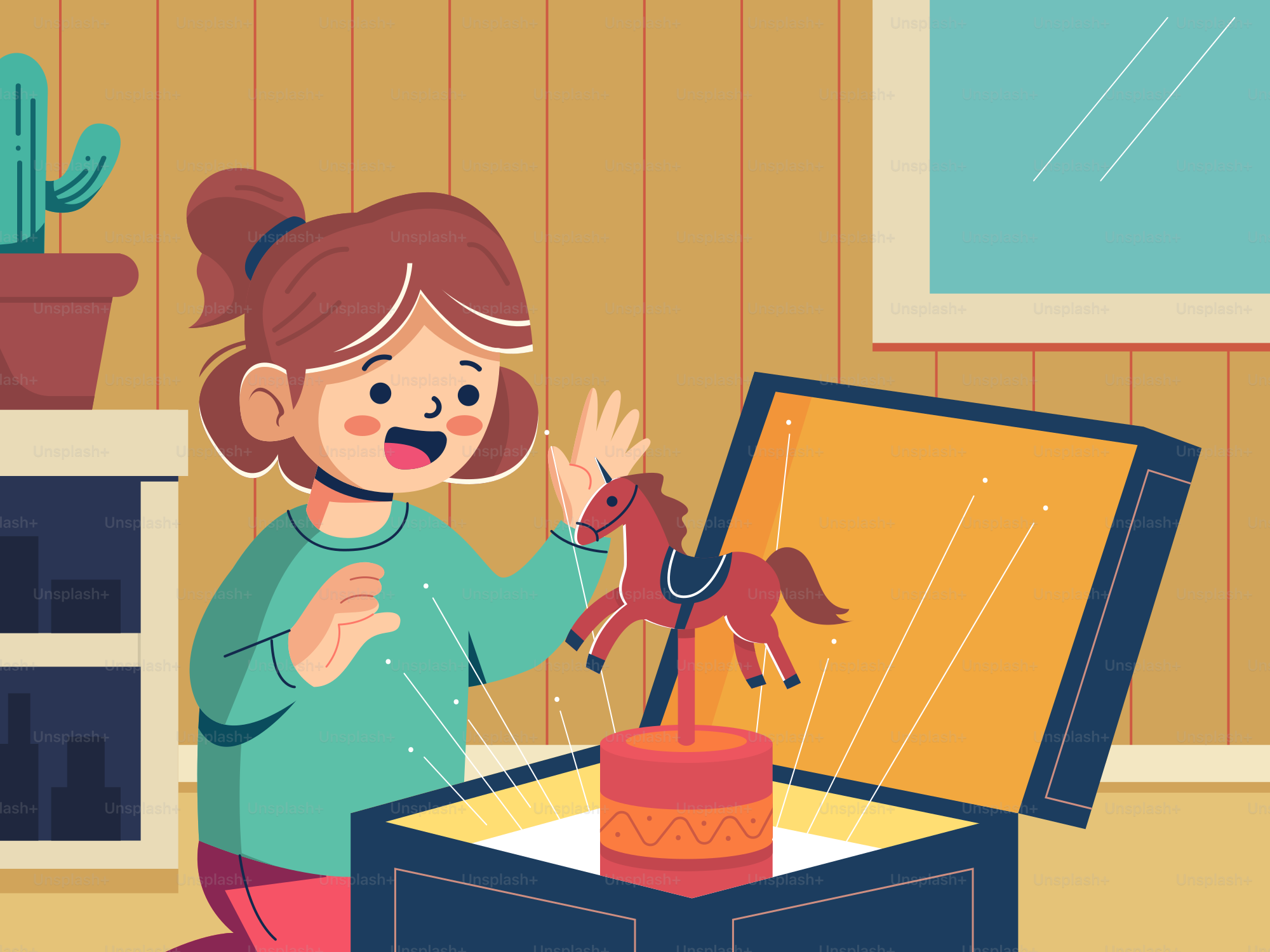 A little girl playing with a toy horse