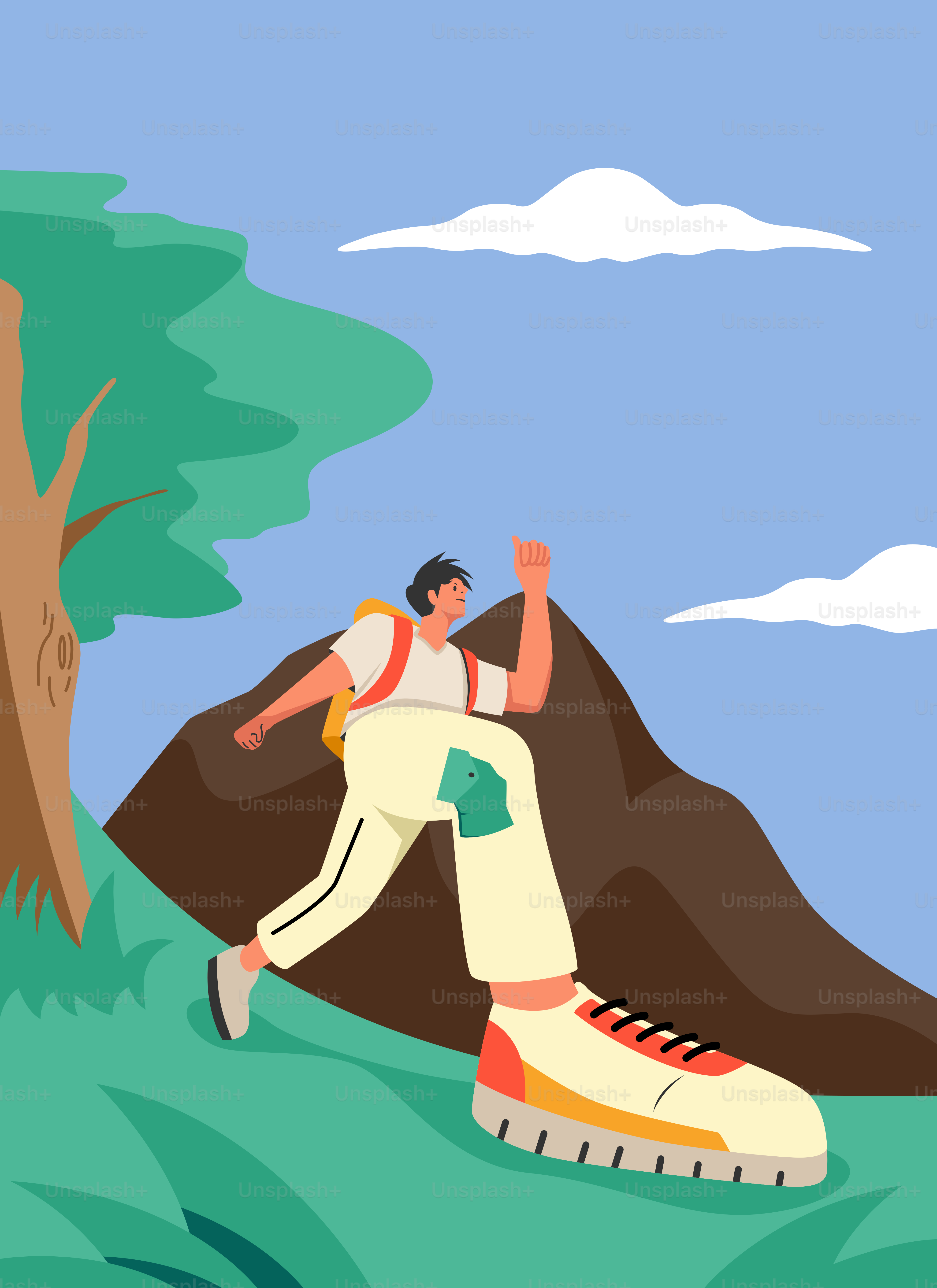 A man is running up a hill with a backpack