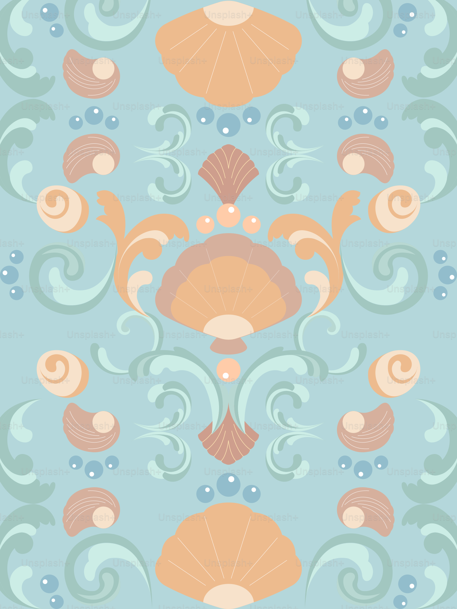 A blue background with shells and waves
