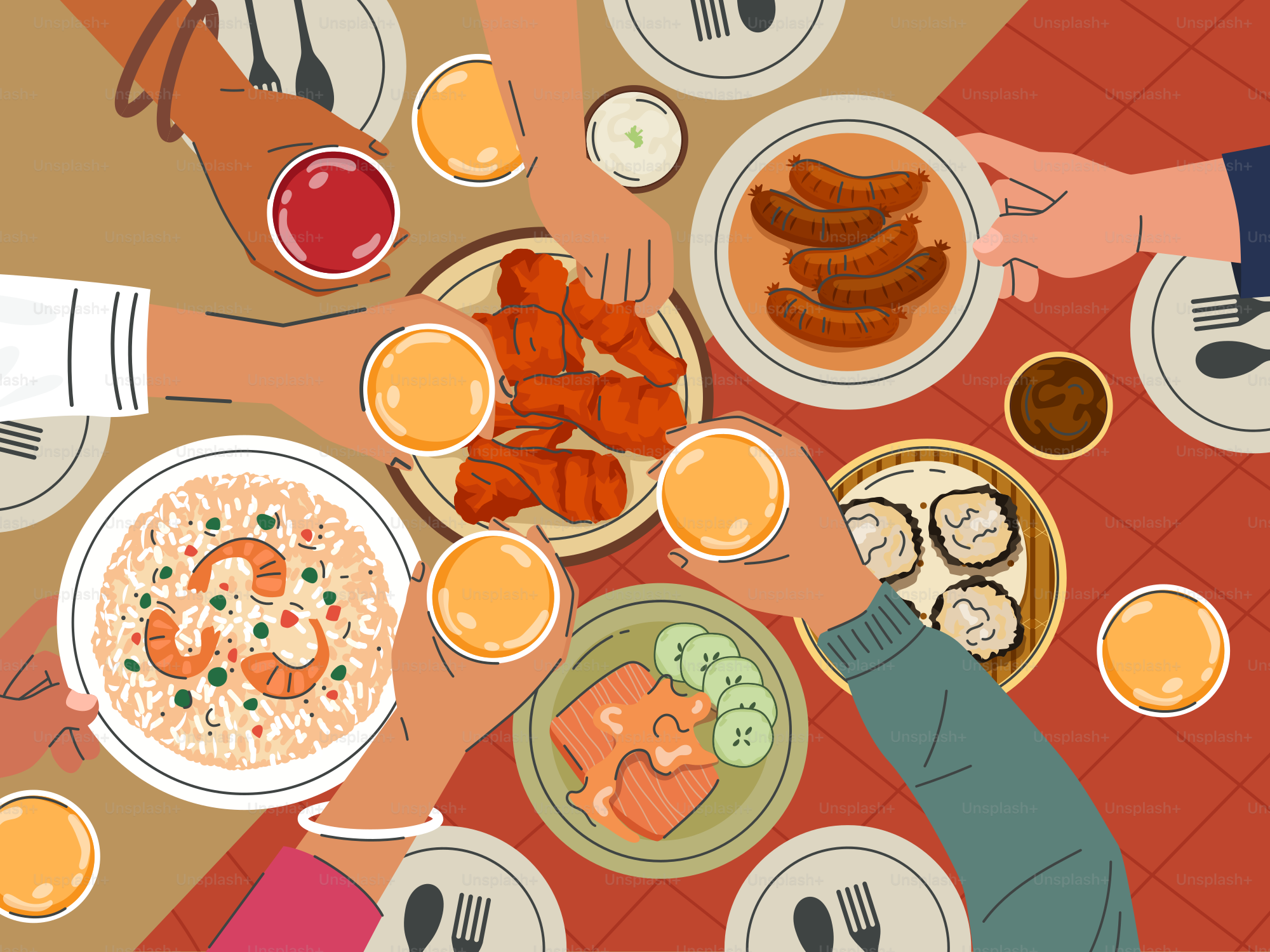 A group of people sitting at a table with plates of food