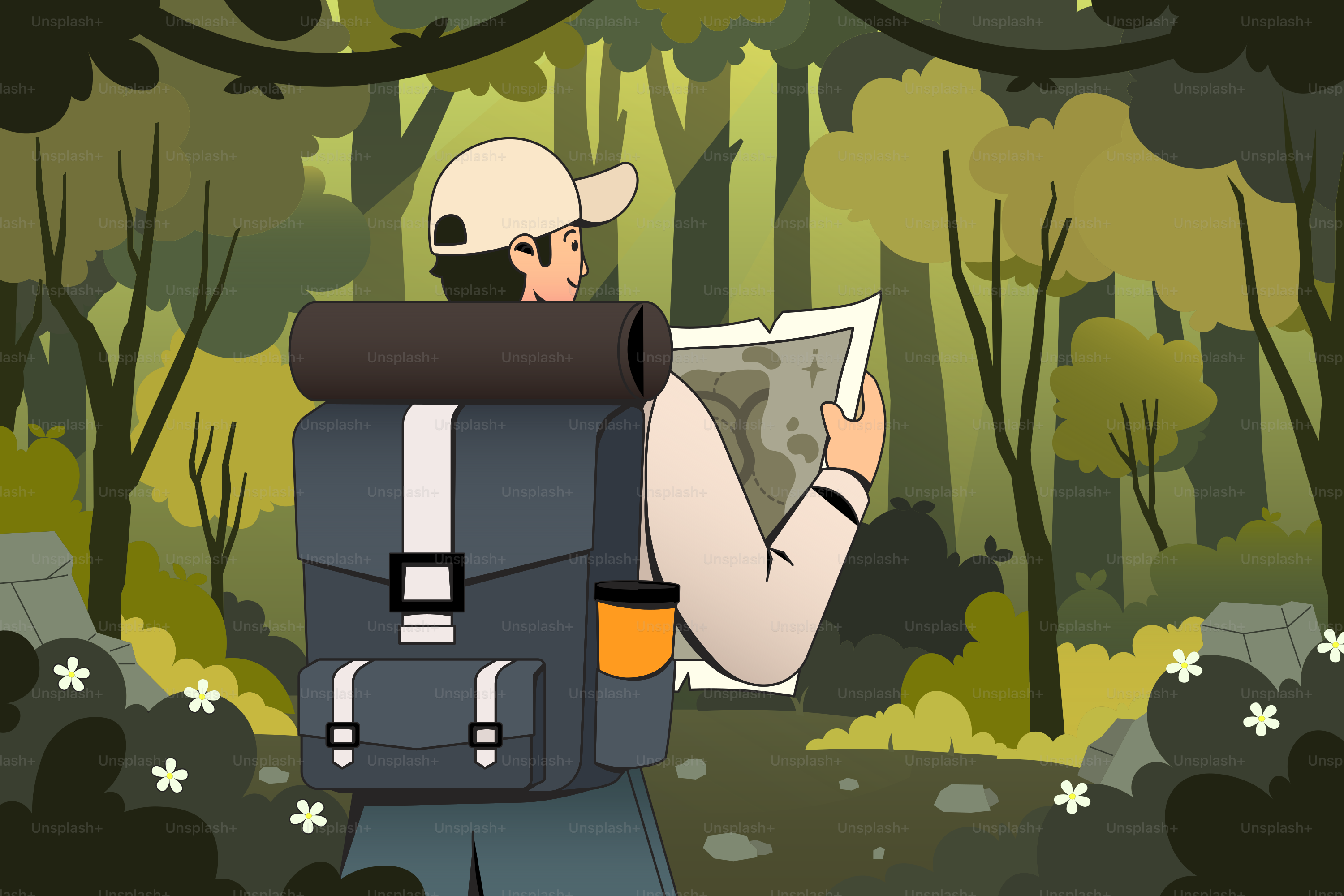A man with a backpack looking at a map in the woods