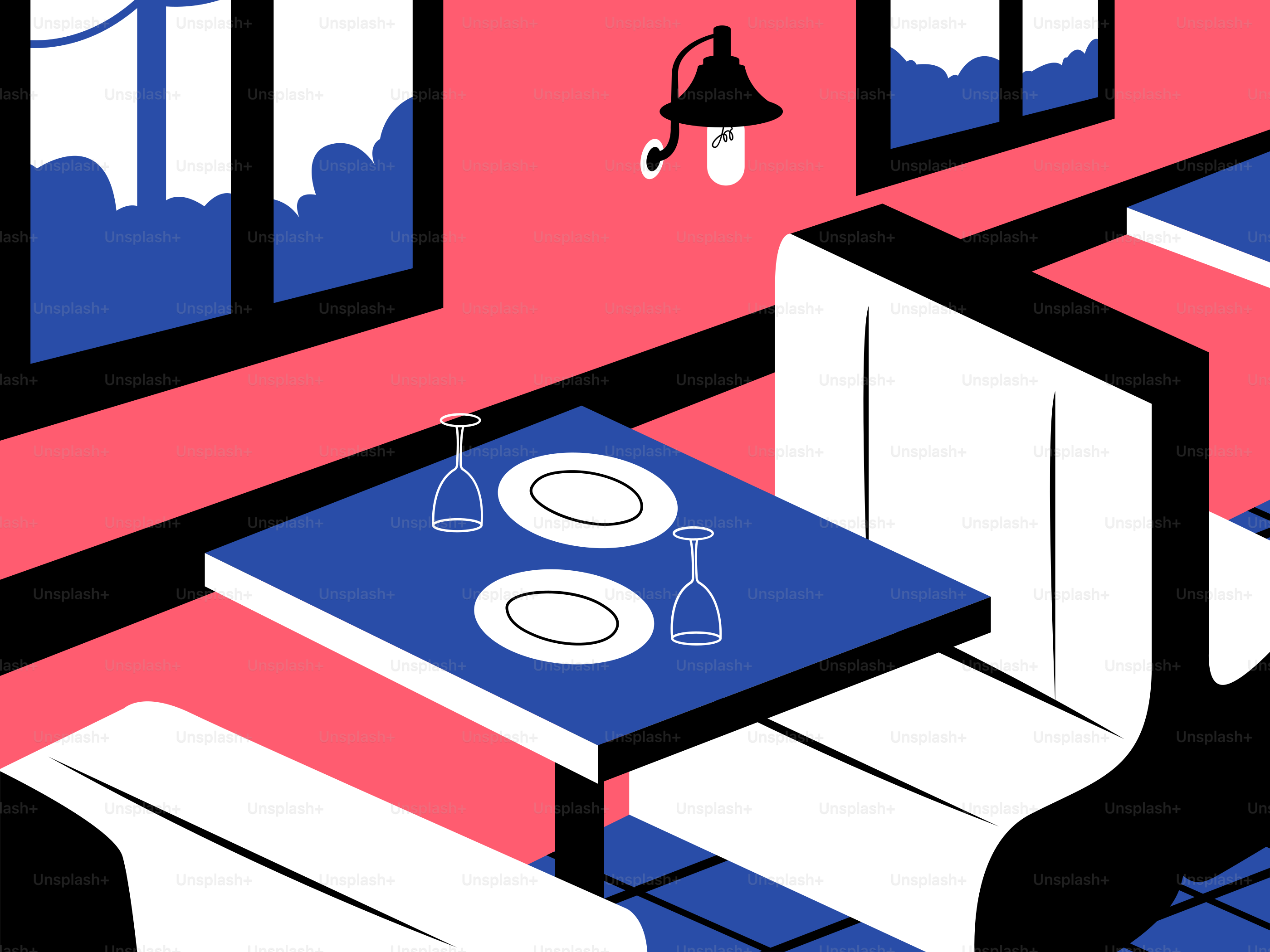 A room with two beds and a table