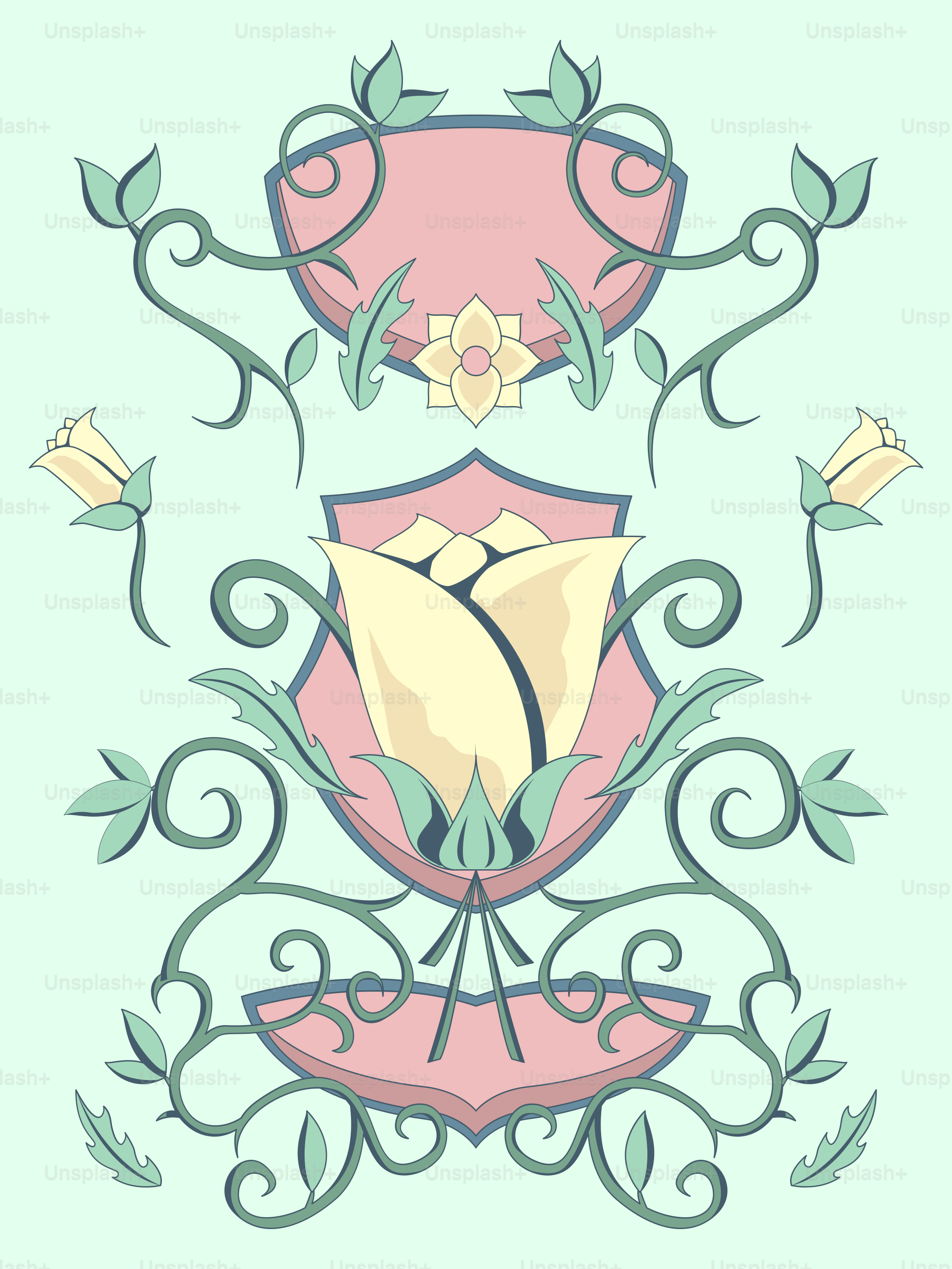 A drawing of a pink flower with green leaves